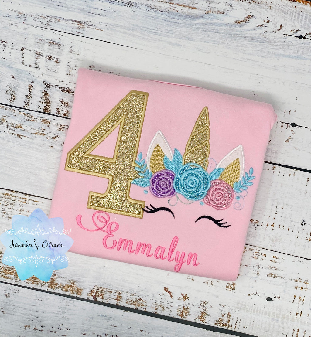 Girl 4th birthday shirt with unicorn, Birthday unicorn outfit, Embroidered birthday unicorn shirt
