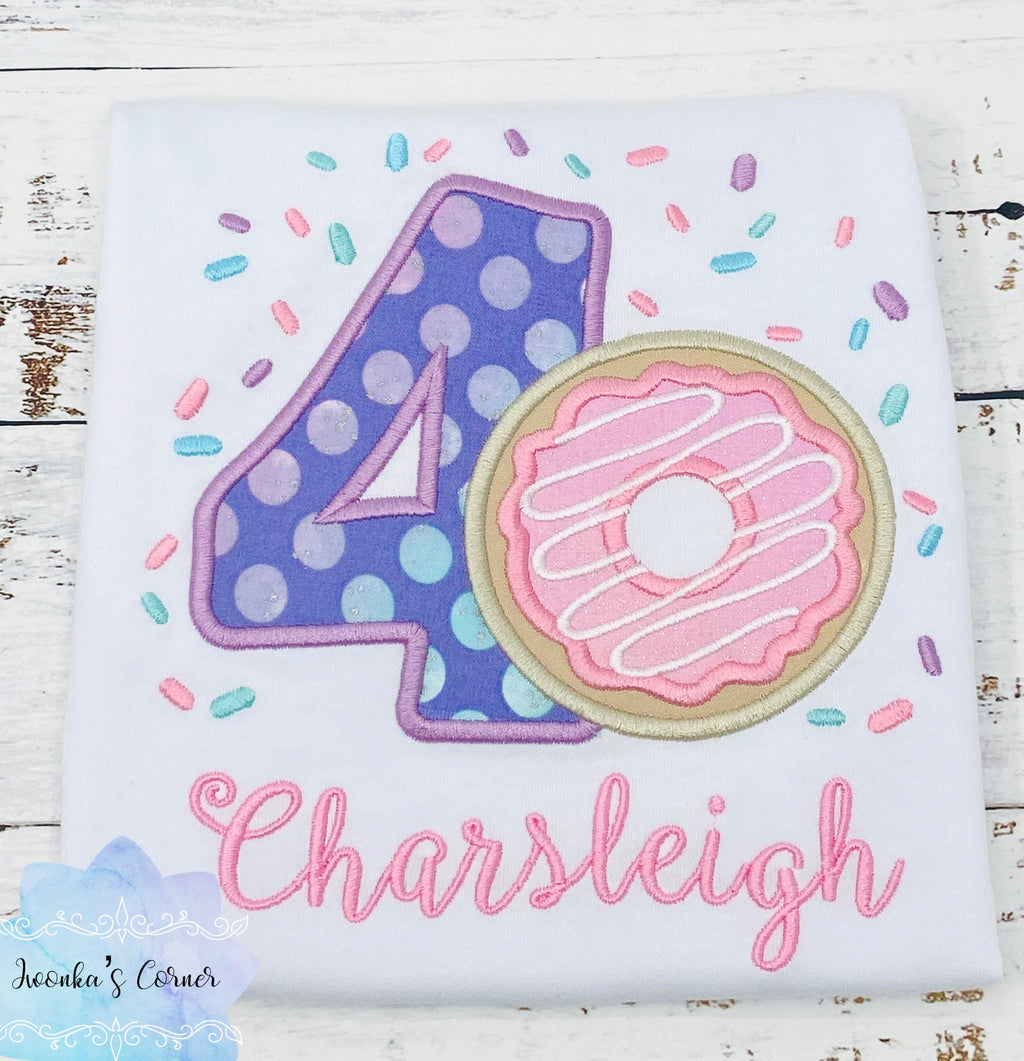 Girl 4th Donut Birthday Shirt With Name, 4th 5th, 6tBirthday Donut Shirt, Birthday Shirt with Donut, Donut Party, Number four Birthday Shirt