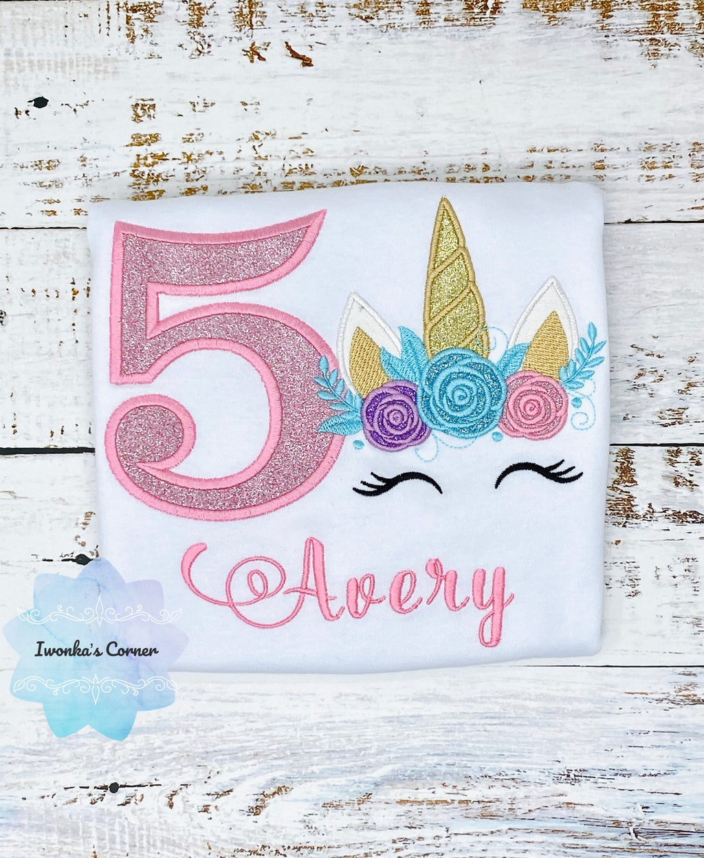 Birthday shirt with sparkly pink unicorn, Unicorn birthday outfit for 2nd birthday, Cute unicorn embroidery shirt, Unicorn 5th birthday