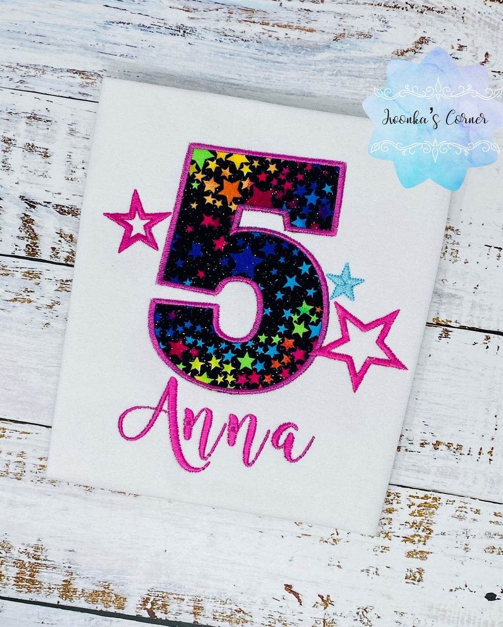 Girl 5th birthday shirt with colorful star number, Embroidery applique You are a star shirt