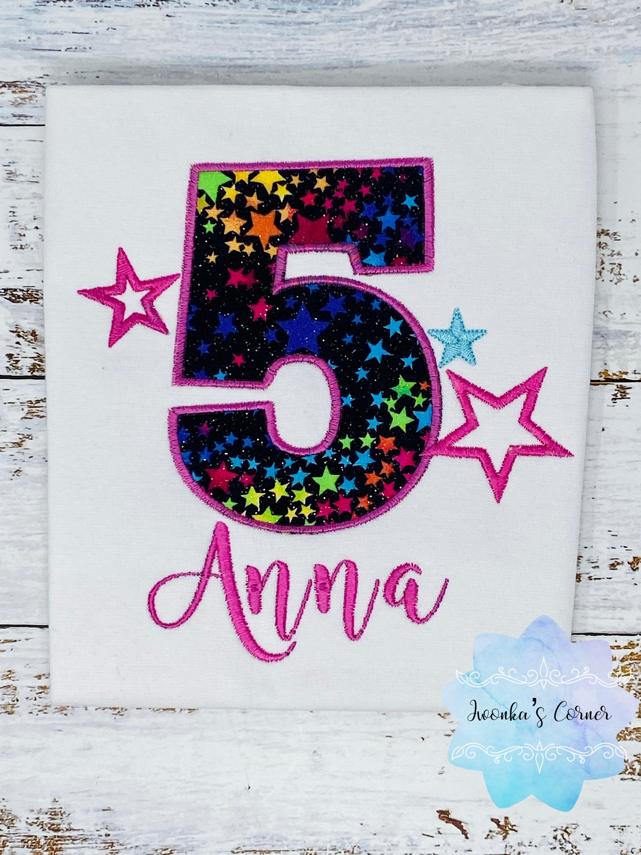 Girl 5th birthday shirt with colorful star number, Embroidery applique You are a star shirt