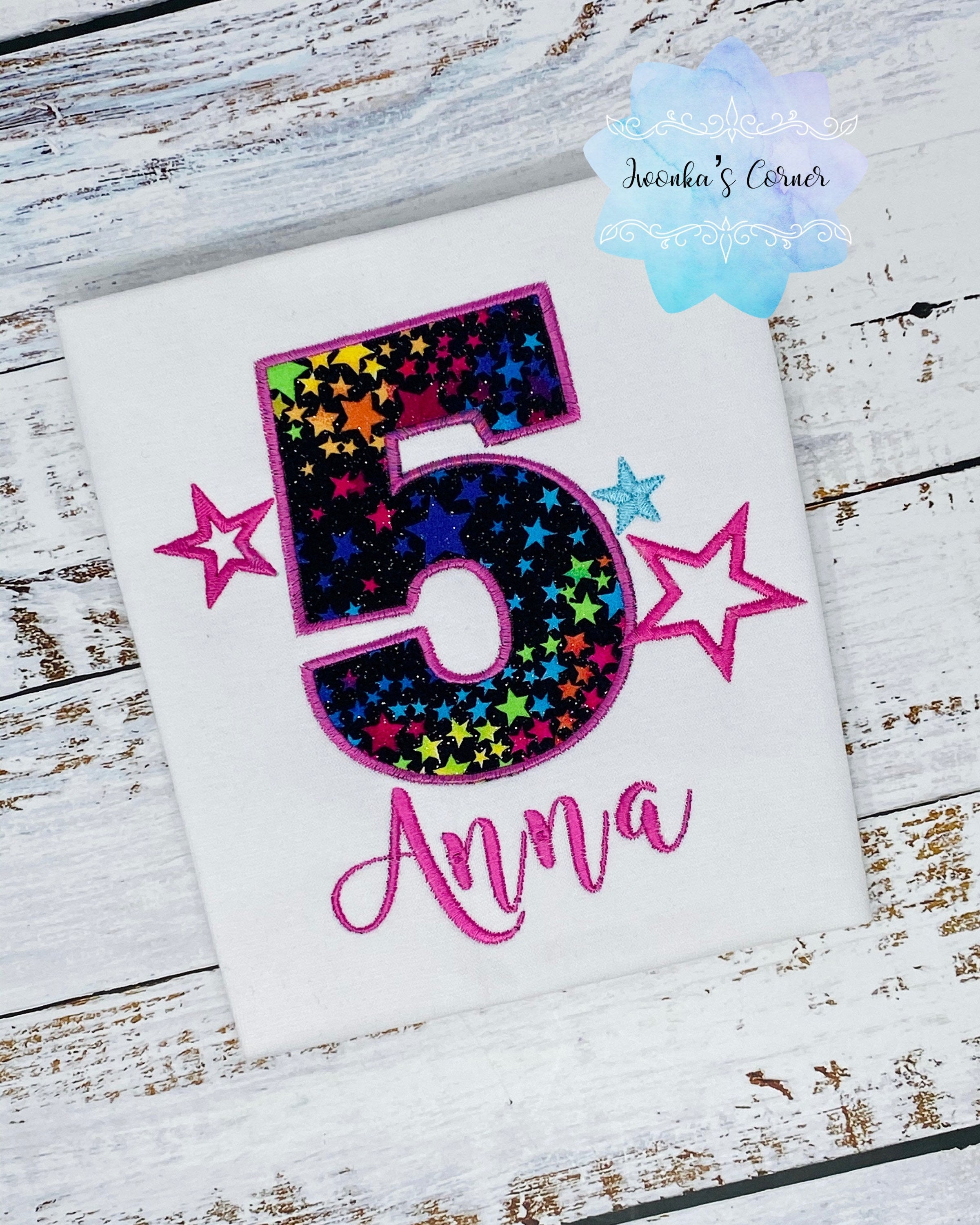 Girl 5th birthday shirt with colorful star number, Embroidery applique You are a star shirt