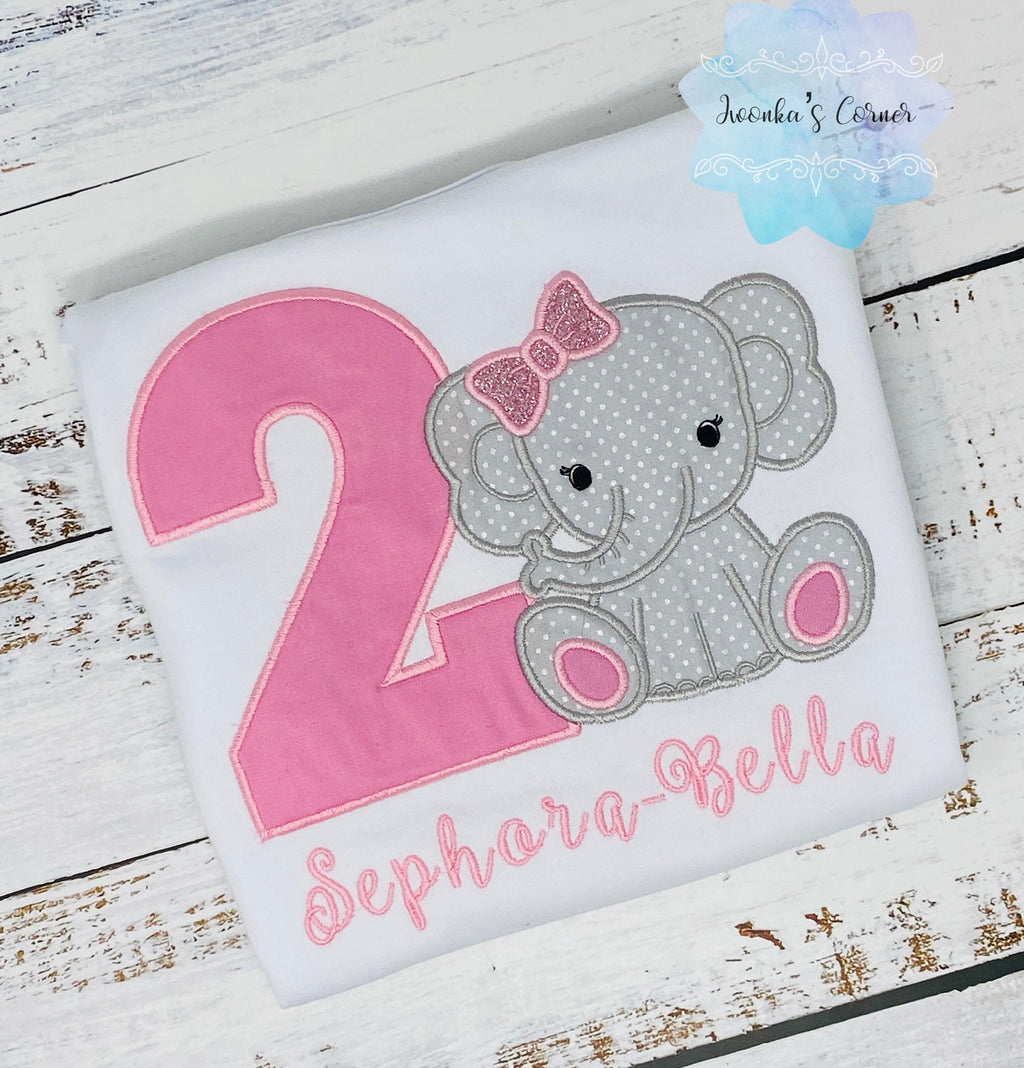 Pink Elephant birthday applique shirt for a girl, Pink bow elephant