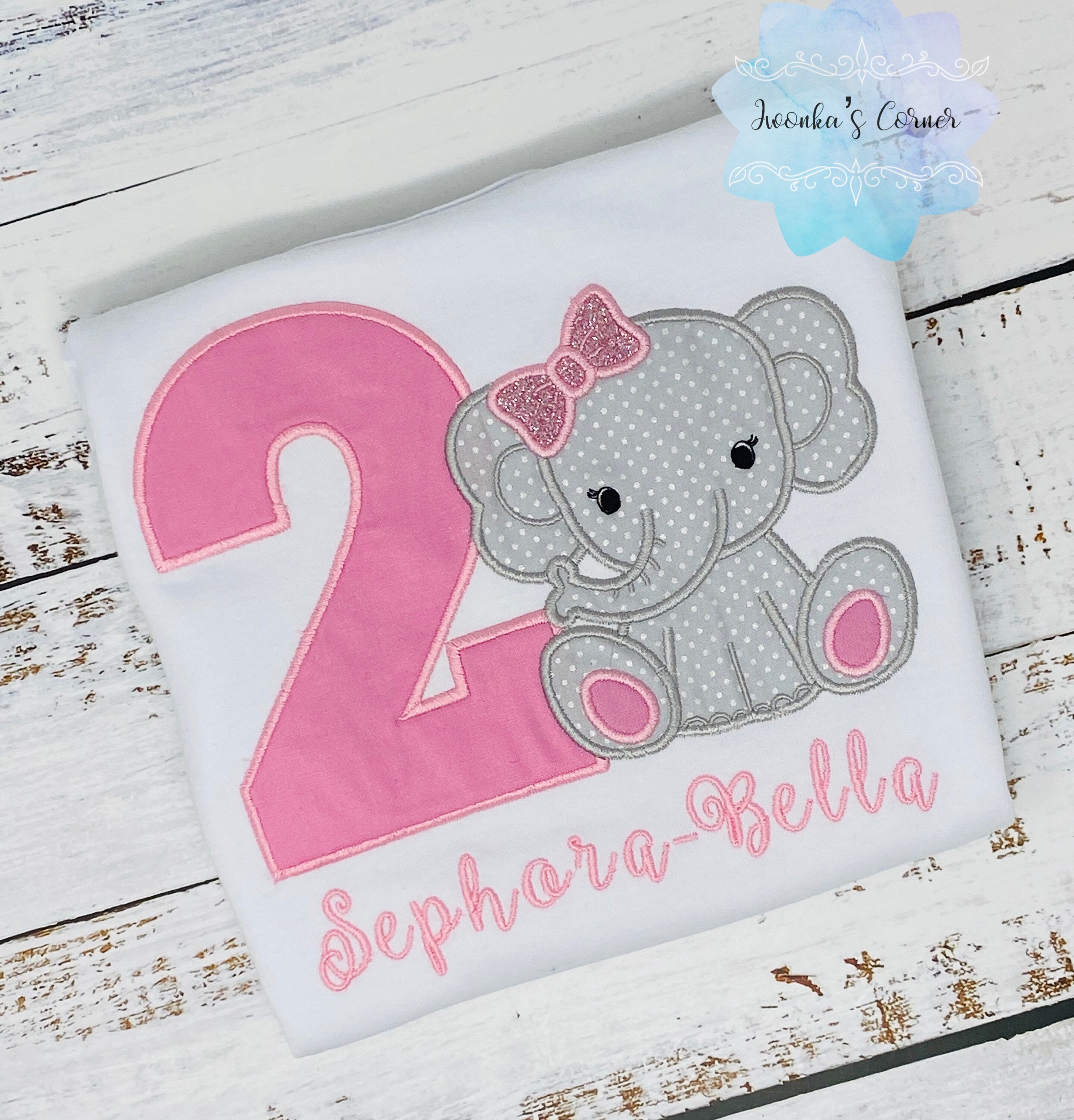 Pink Elephant birthday applique shirt for a girl, Pink bow elephant