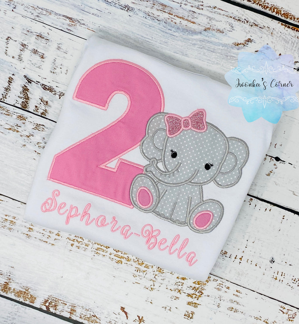 Pink Elephant birthday applique shirt for a girl, Pink bow elephant
