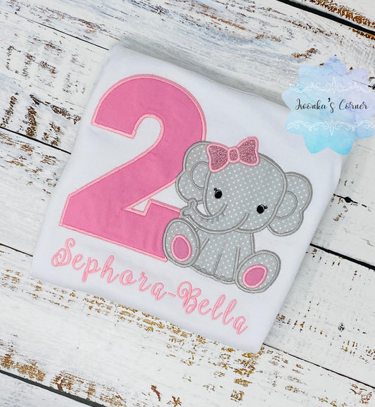 Pink Elephant birthday applique shirt for a girl, Pink bow elephant