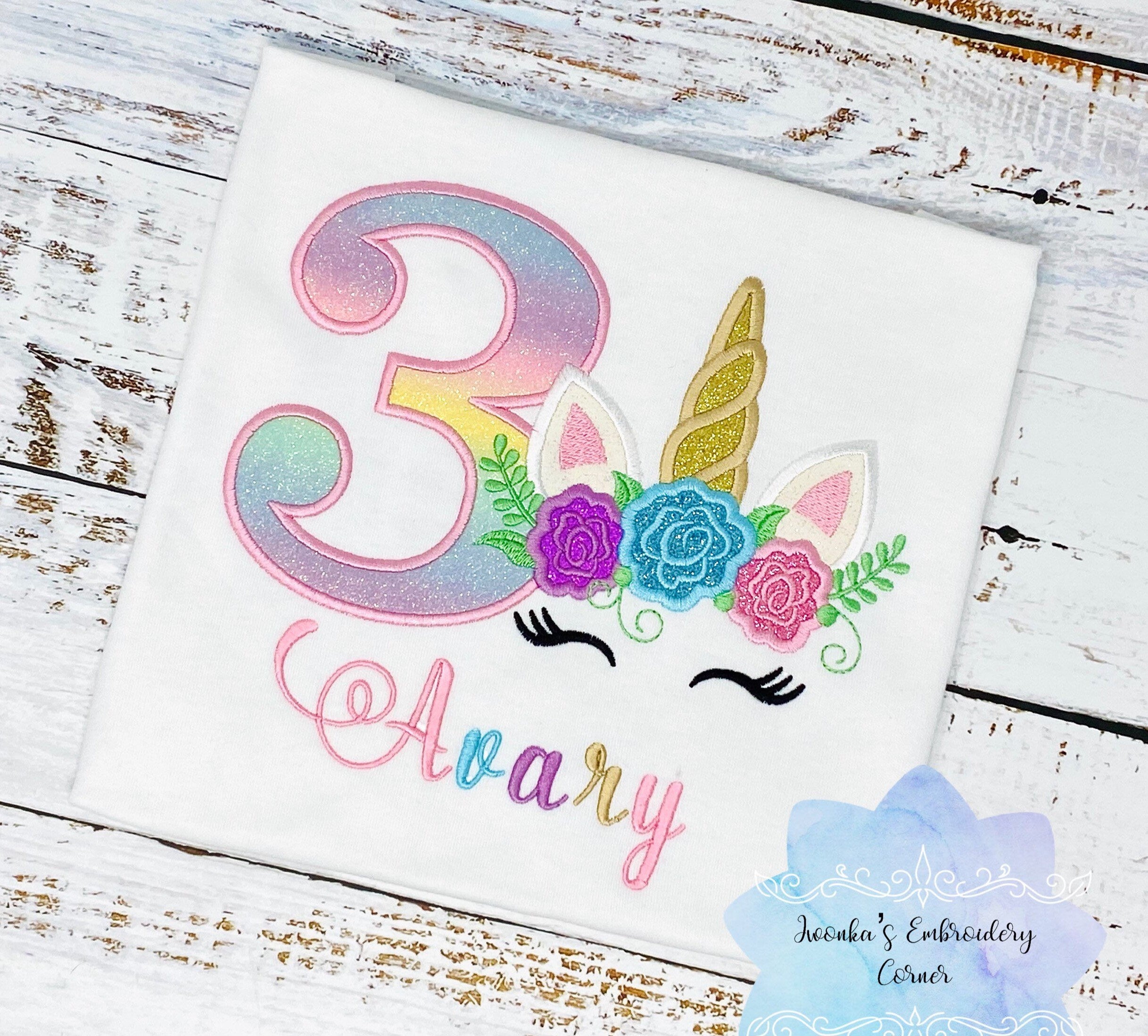 Girls birthday t-shirt with rainbow unicorn, Unicorn shirt for girls, Flower unicorn shirt, 3rd birthday unicorn t-shirt
