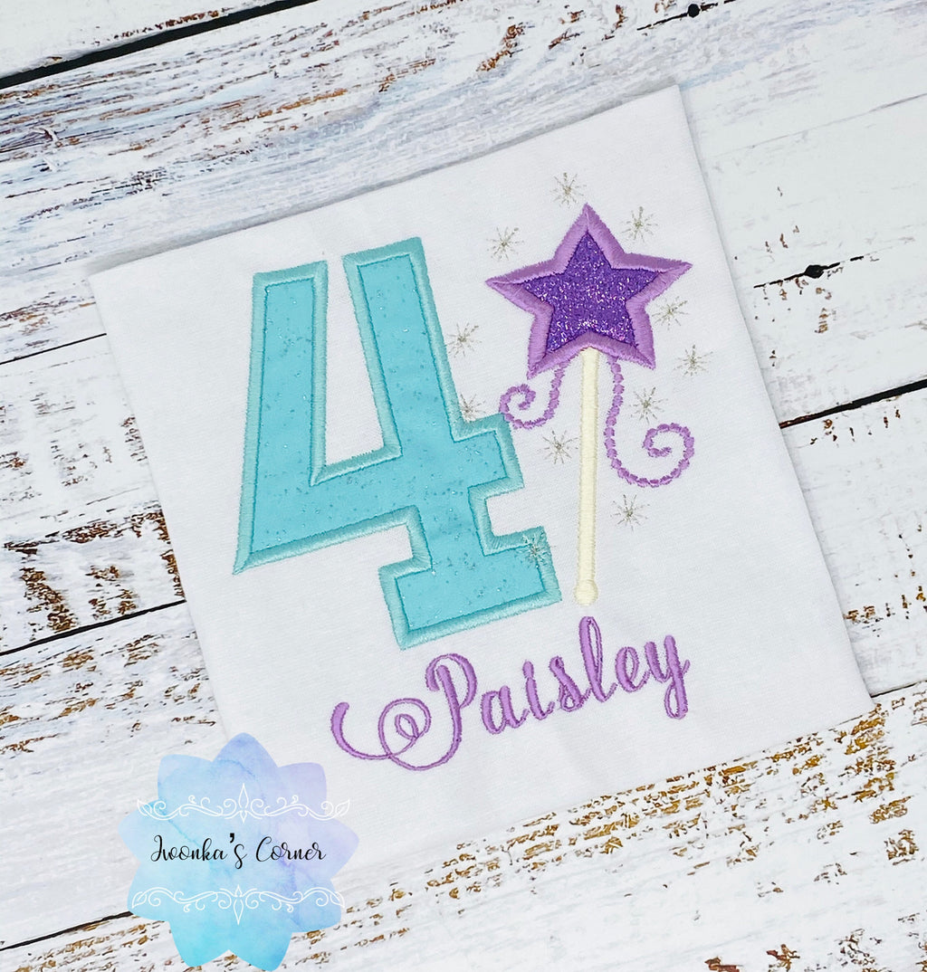 Girl birthday shirt with purple magic wand, 4th birthday shirt with magic wand