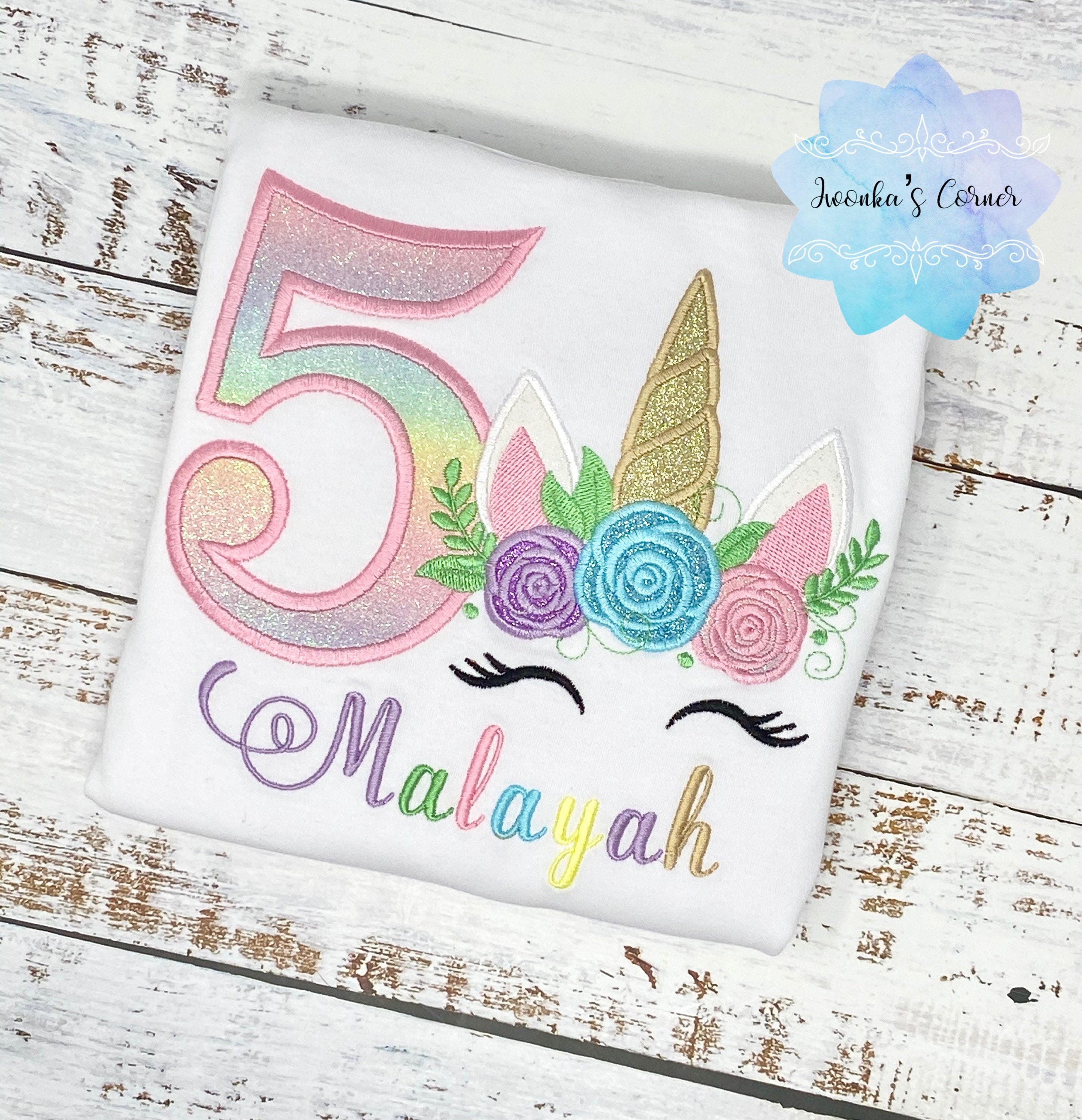 Girl birthday shirt with floral crown unicorn, Embroidery unicorn shirt, 5th birthday unicorn shirt for a girl, Fifth birthday shirt