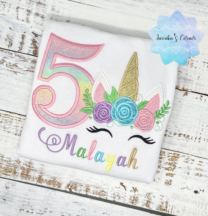 Girl birthday shirt with floral crown unicorn, Embroidery unicorn shirt, 5th birthday unicorn shirt for a girl, Fifth birthday shirt