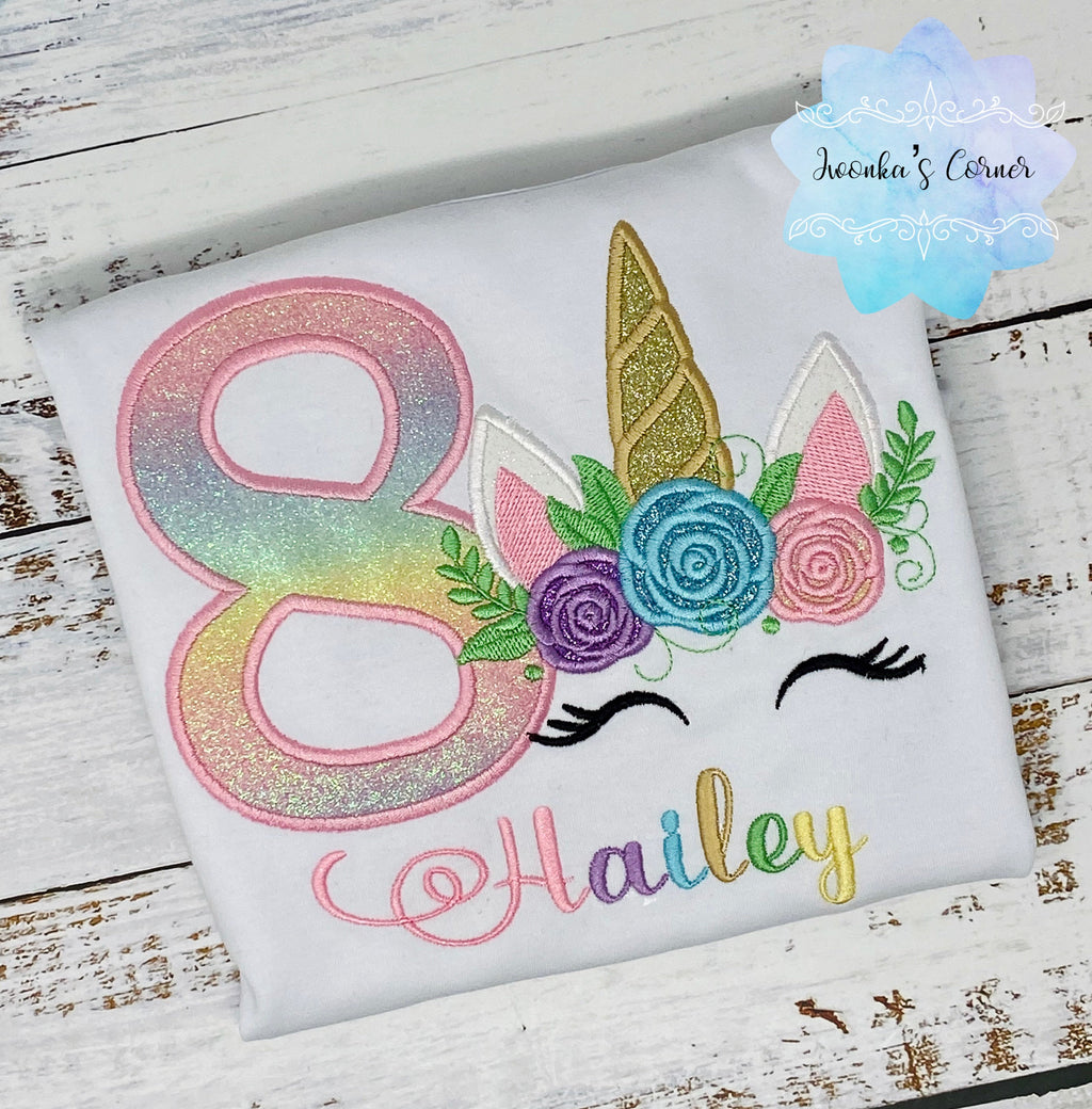 Girl 8th birthday unicorn shirt, Rainbow unicorn shirt for a girl, Unicorn party outfit , Sparkly embroidery unicorn, Custom embroidered uni