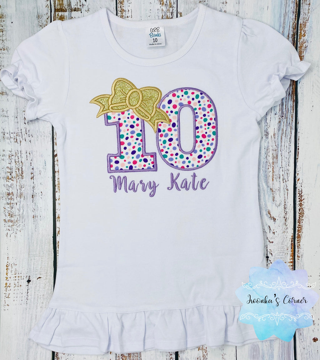 Girl polka dot birthday shirt, 10th birthday t-shirt, Embroidery applique shirt