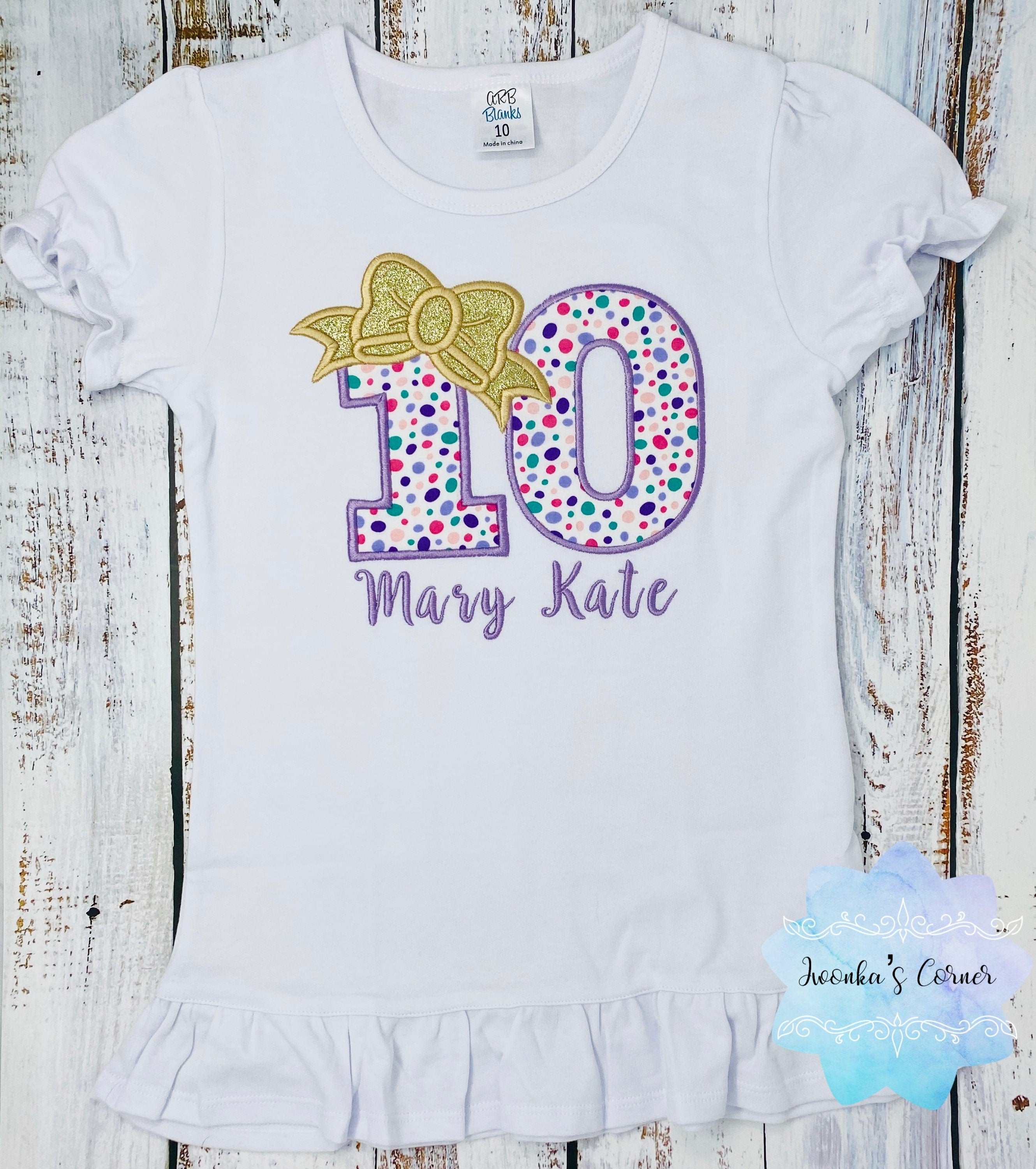 Girl polka dot birthday shirt, 10th birthday t-shirt, Embroidery applique shirt
