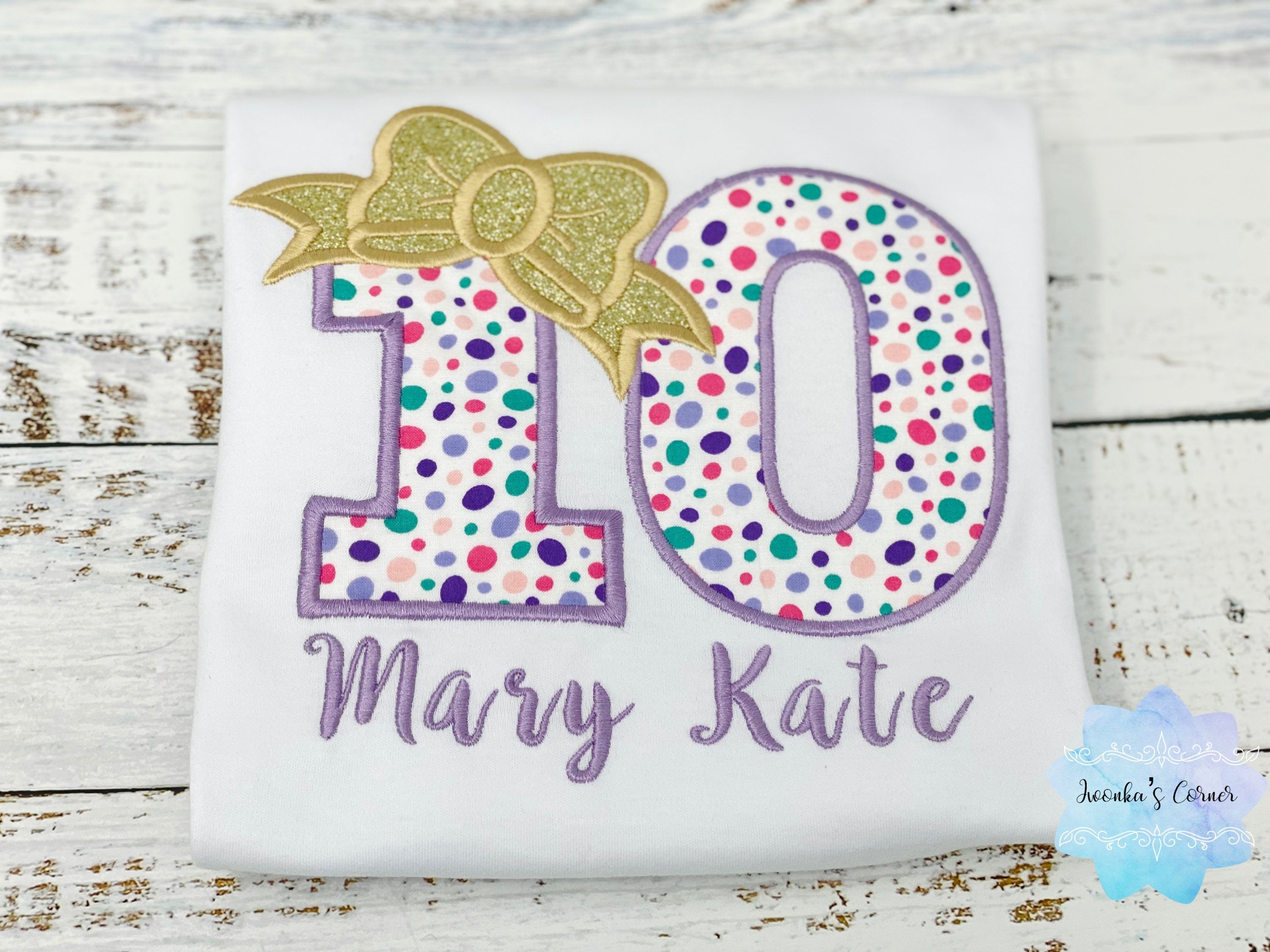 Girl polka dot birthday shirt, 10th birthday t-shirt, Embroidery applique shirt