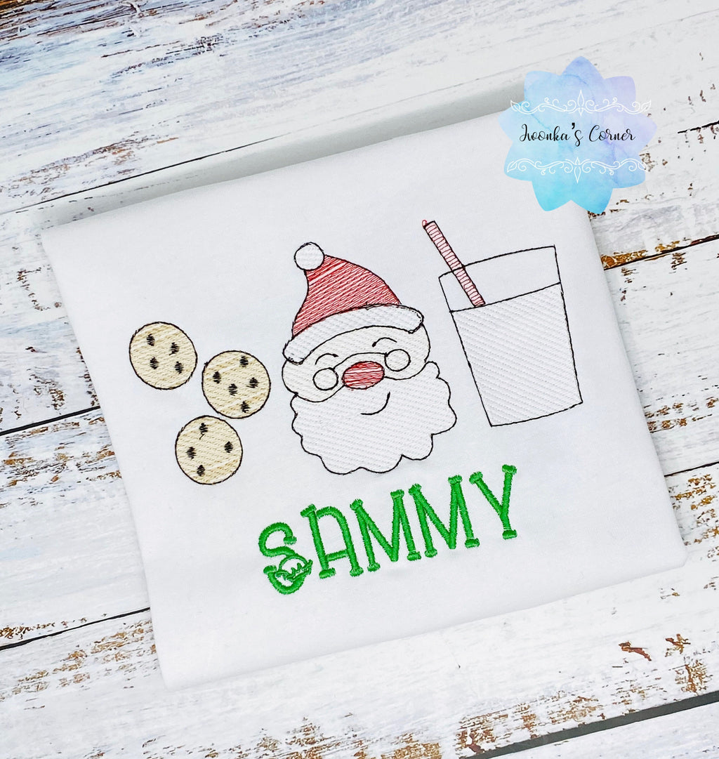 Shirt for a boy or girl with Santa, cookies and glass of milk, Christmas theme embroidered shirt for kids