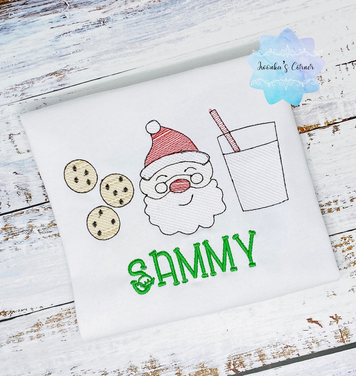 Shirt for a boy or girl with Santa, cookies and glass of milk, Christmas theme embroidered shirt for kids