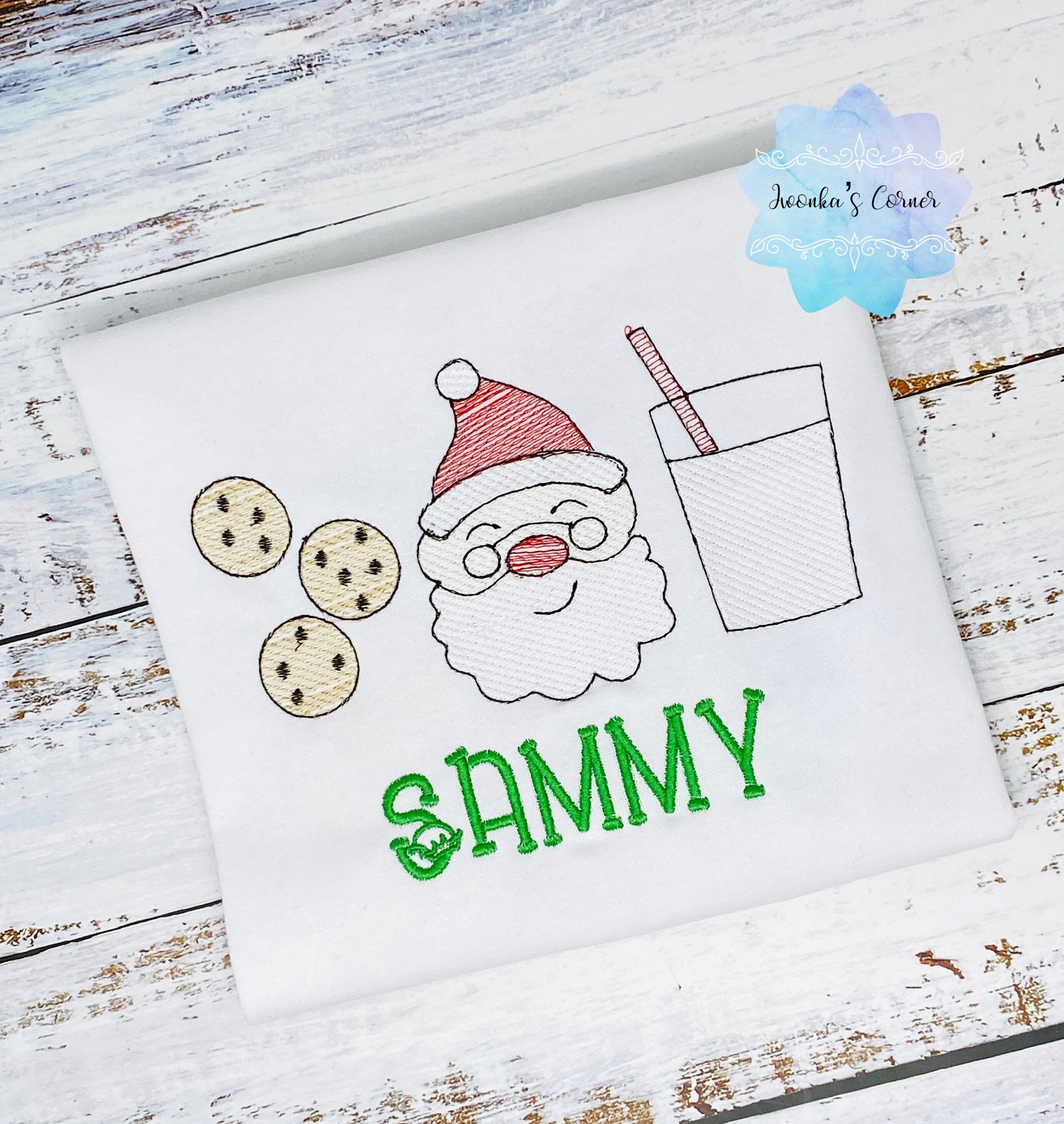 Shirt for a boy or girl with Santa, cookies and glass of milk, Christmas theme embroidered shirt for kids