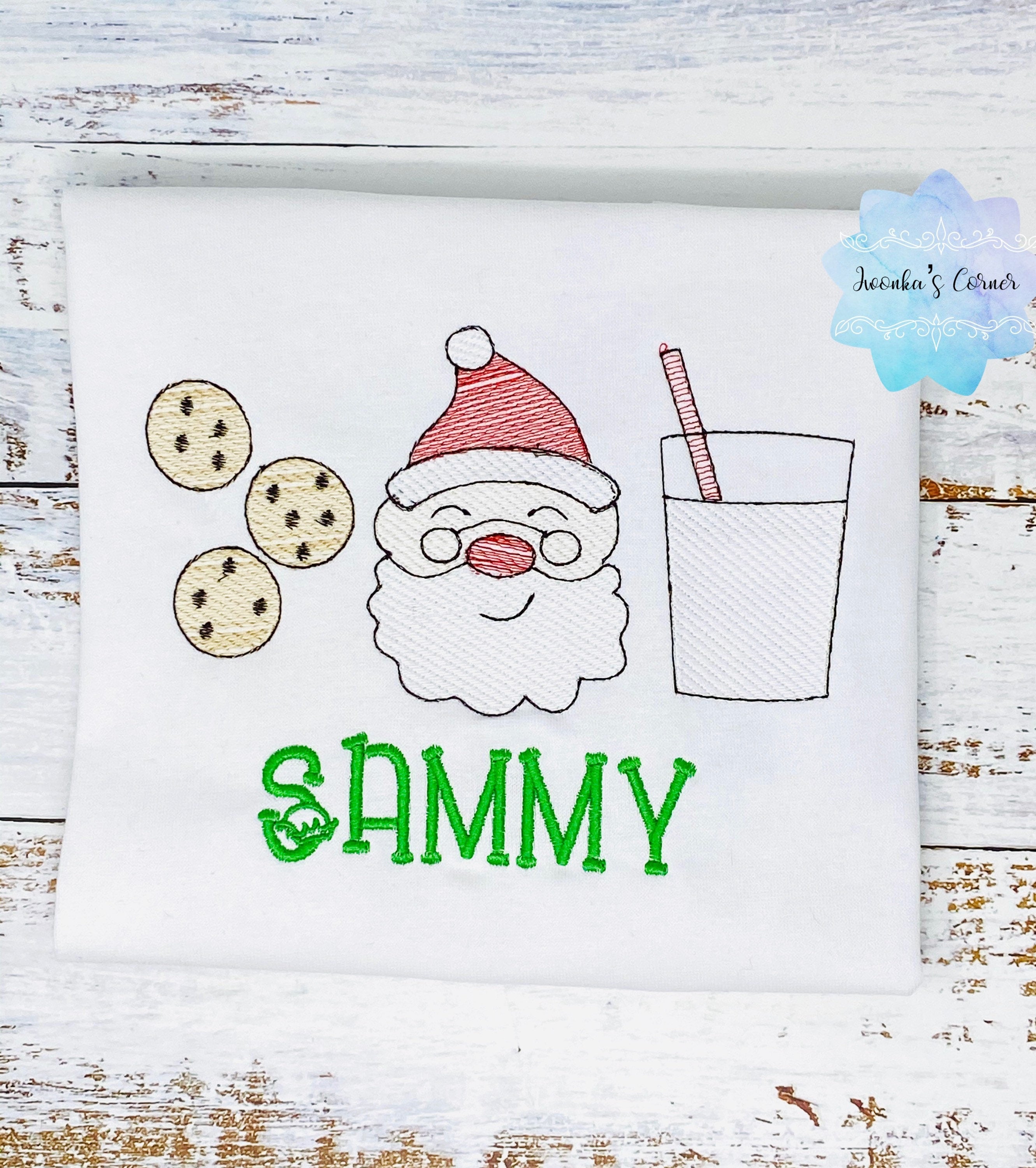 Shirt for a boy or girl with Santa, cookies and glass of milk, Christmas theme embroidered shirt for kids