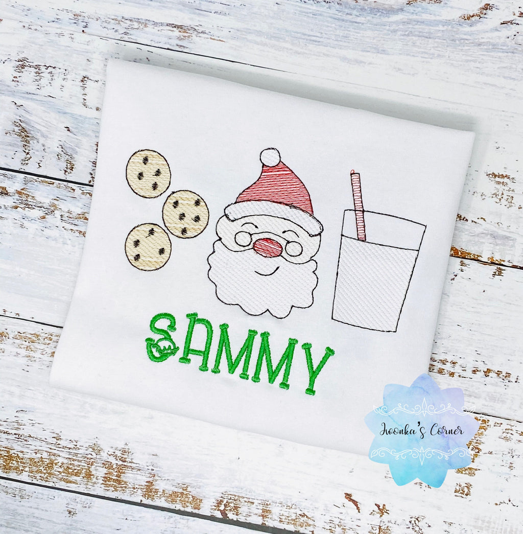 Shirt for a boy or girl with Santa, cookies and glass of milk, Christmas theme embroidered shirt for kids