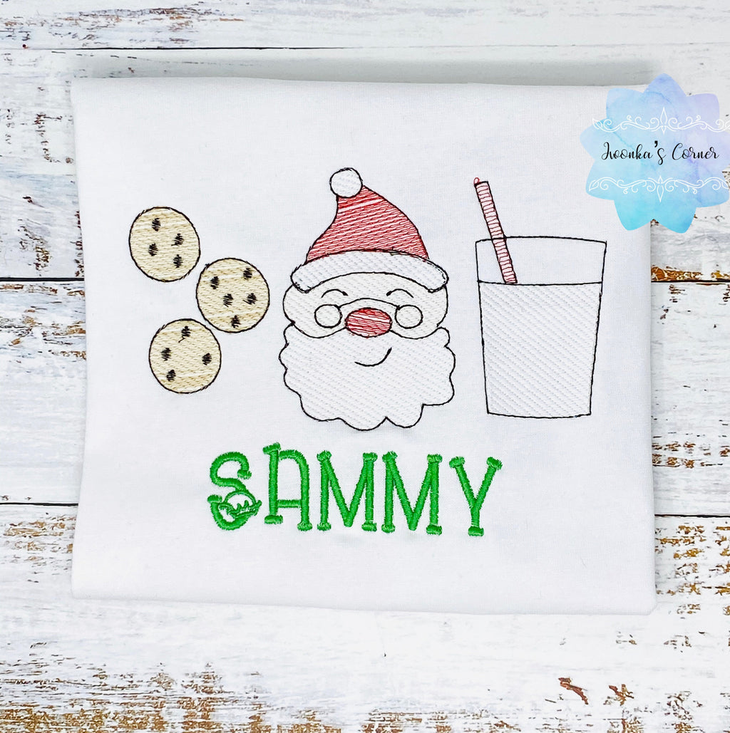 Shirt for a boy or girl with Santa, cookies and glass of milk, Christmas theme embroidered shirt for kids
