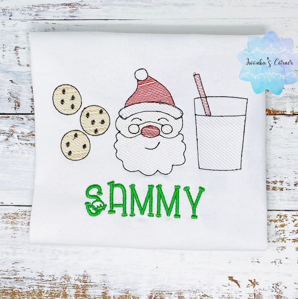 Shirt for a boy or girl with Santa, cookies and glass of milk, Christmas theme embroidered shirt for kids