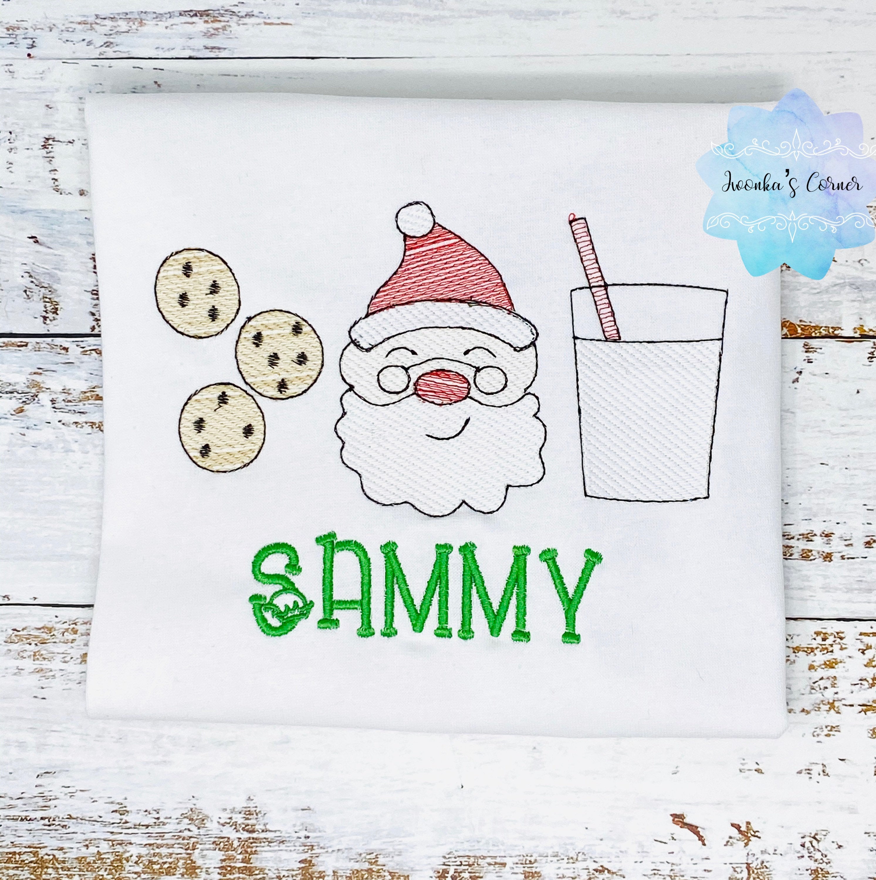 Shirt for a boy or girl with Santa, cookies and glass of milk, Christmas theme embroidered shirt for kids