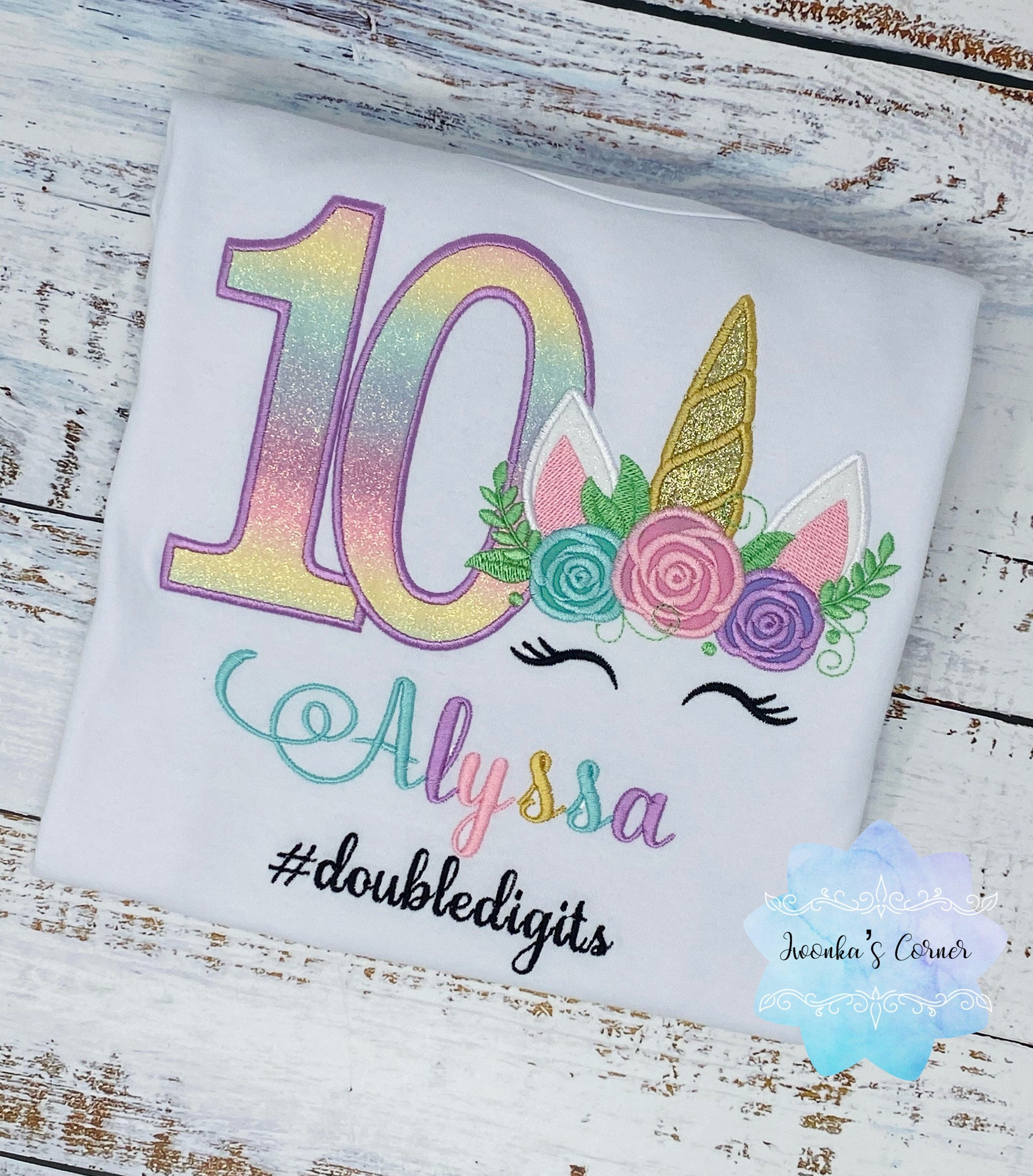 Girl embroidered birthday shirt with rainbow unicorn, 10th birthday shirt, Flower, Unicorn outfit,