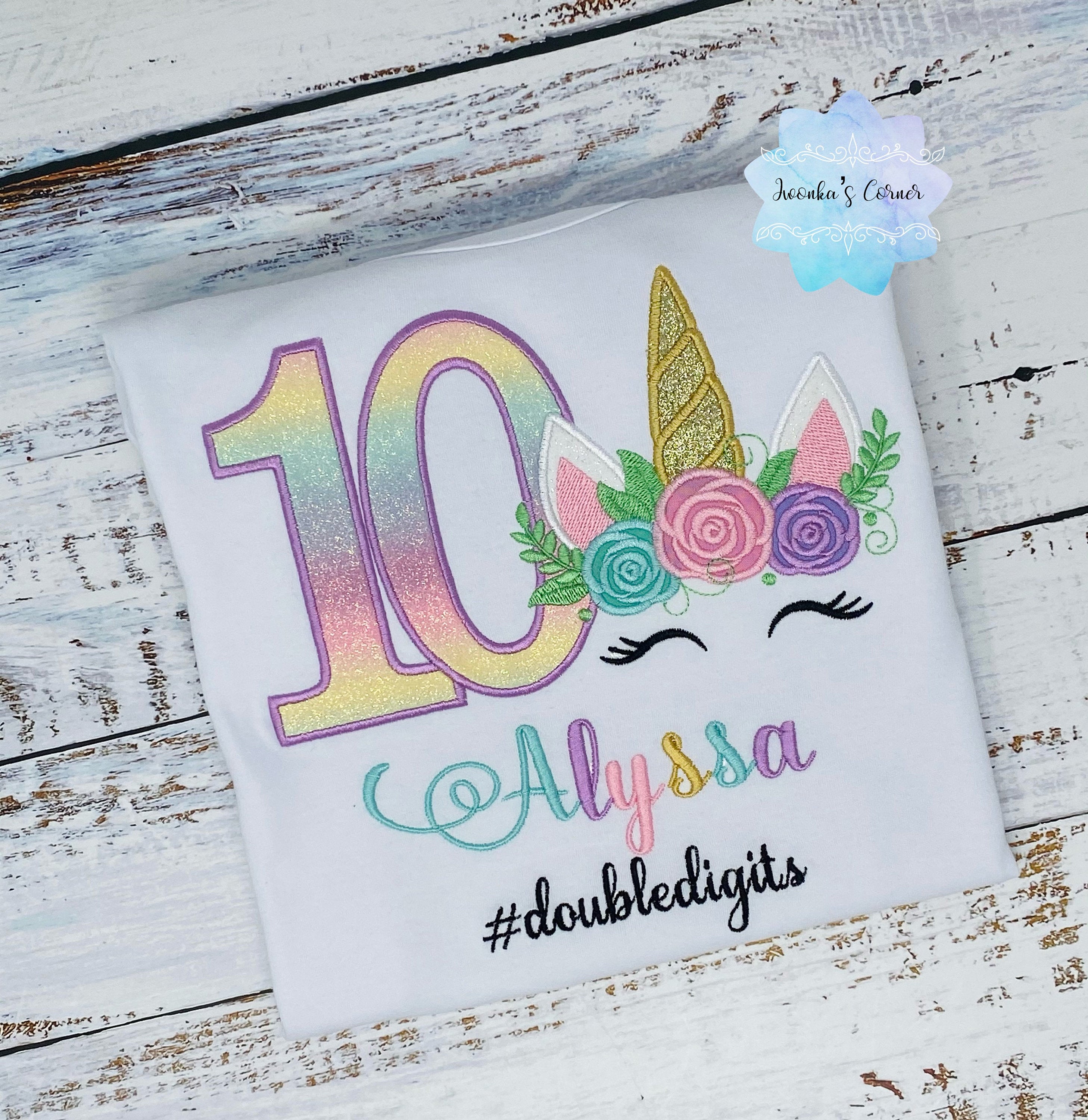 Girl embroidered birthday shirt with rainbow unicorn, 10th birthday shirt, Flower, Unicorn outfit,