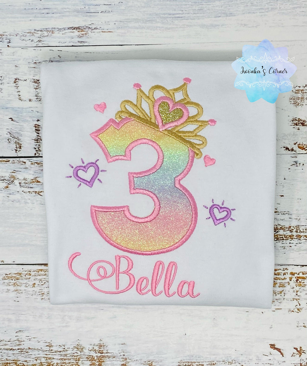 Girl shirt with princess tiara number, Rainbow, ombre birthday shirt, Third birthday outfit,