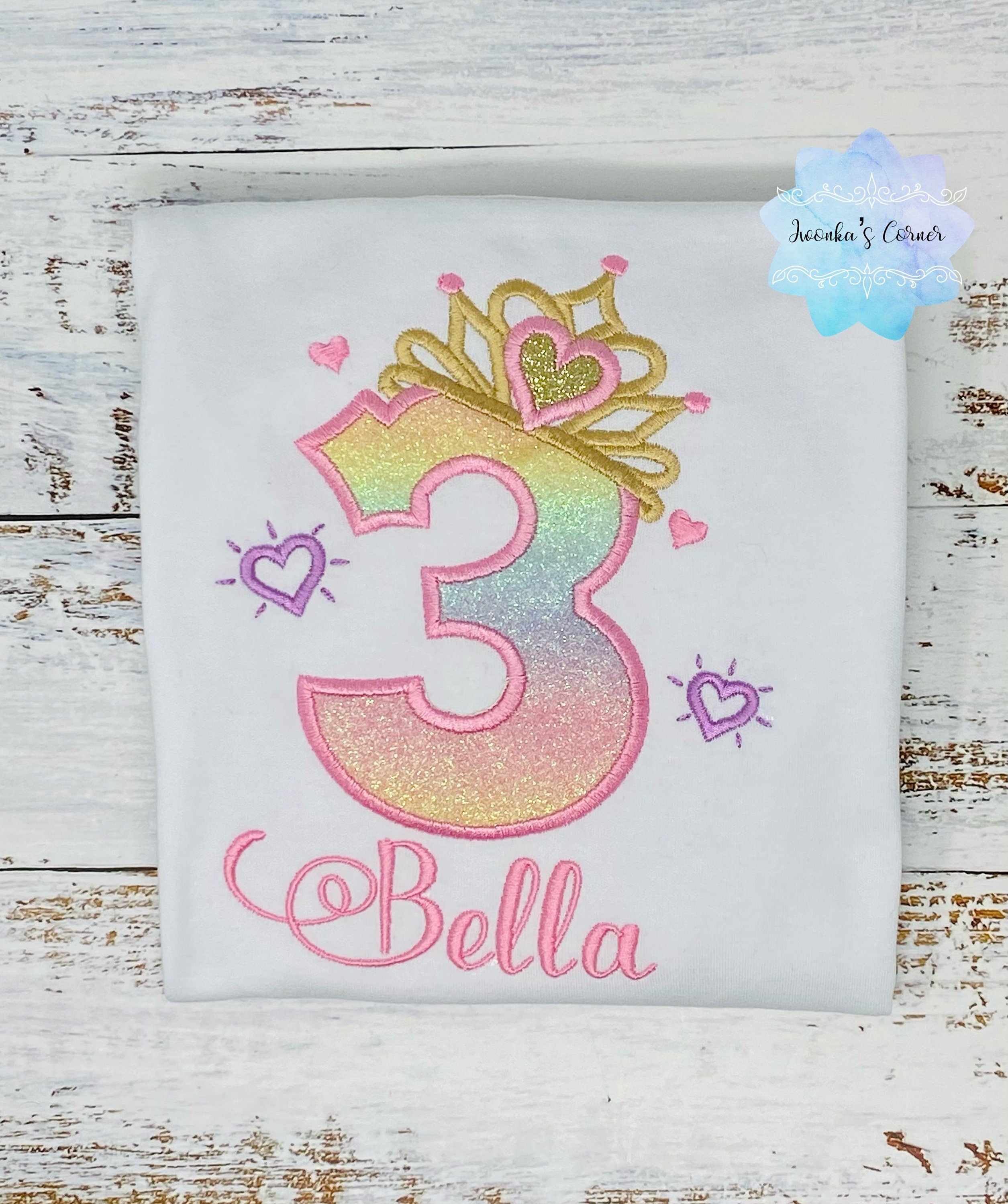 Girl shirt with princess tiara number, Rainbow, ombre birthday shirt, Third birthday outfit,