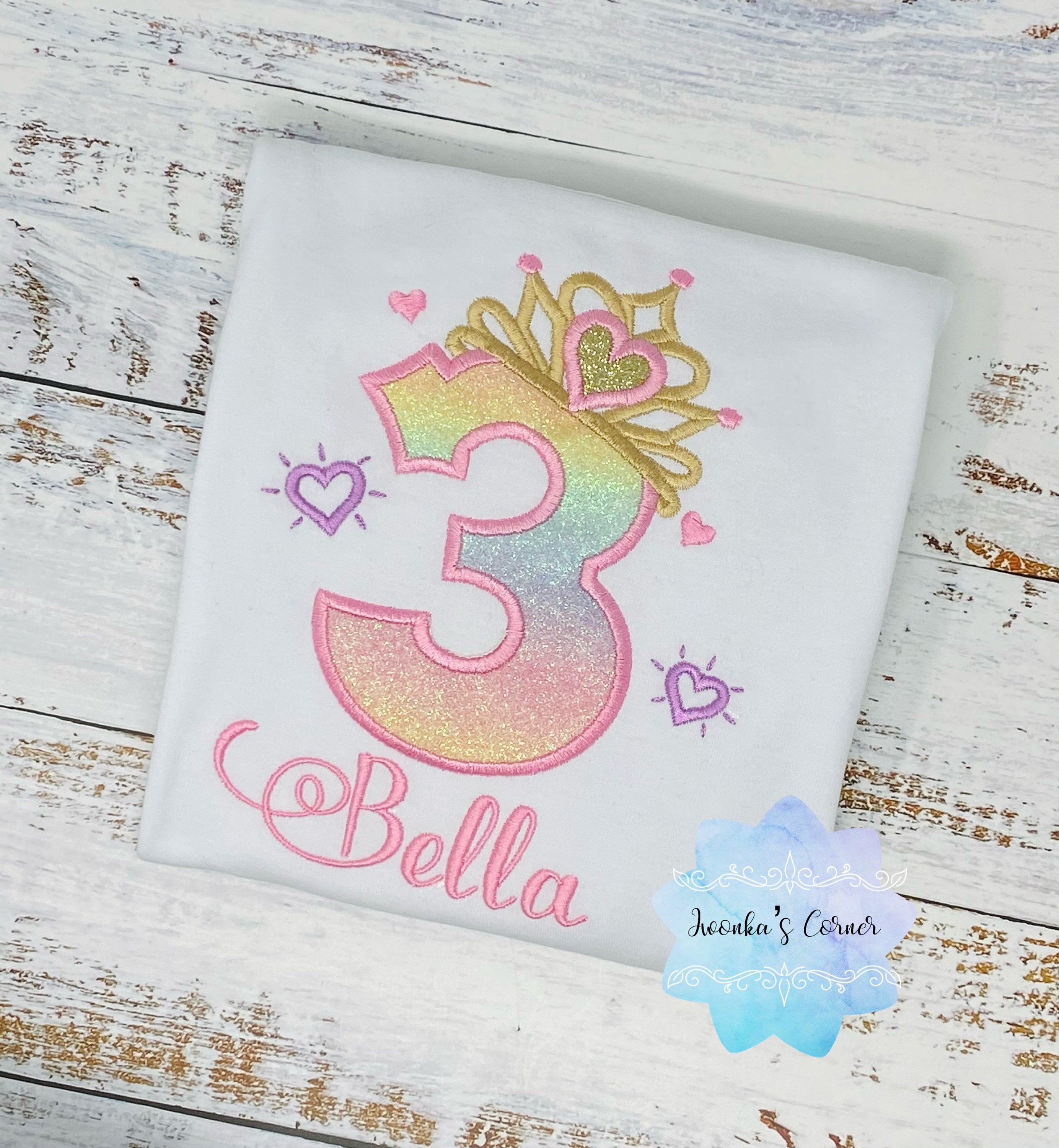 Girl shirt with princess tiara number, Rainbow, ombre birthday shirt, Third birthday outfit,
