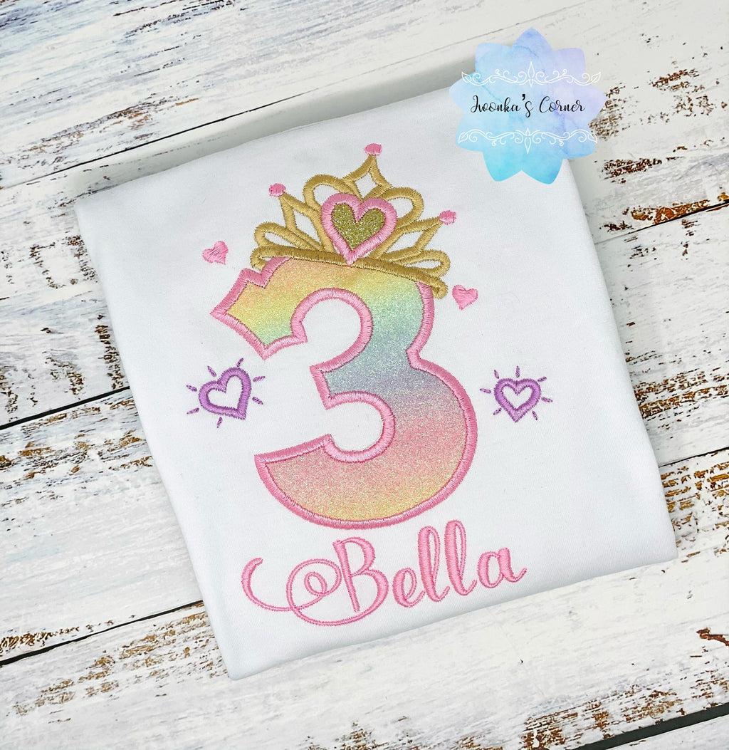 Girl shirt with princess tiara number, Rainbow Ombre Pastel birthday shirt, Third birthday outfit,