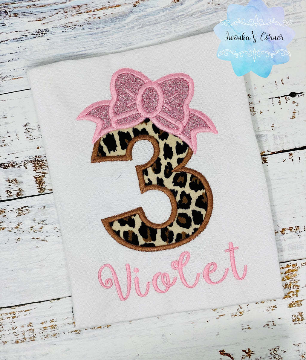 Girl cheetah 7th birthday number shirt, Pink bow cheetah print birthday outfit, Girl all ages birthday outfit, Leopard print