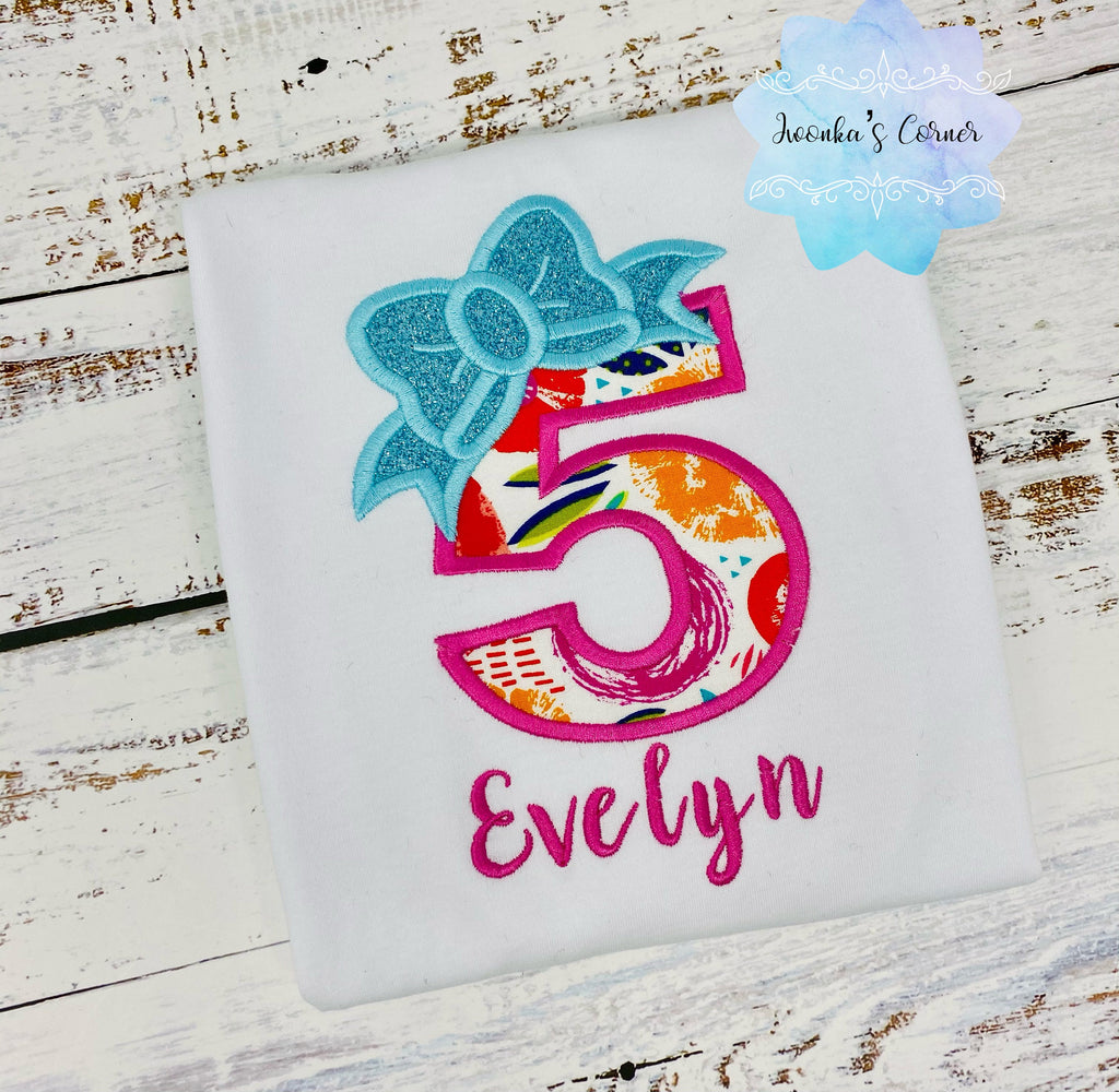 Girl personalized shirt with floral number and bow, Teal bow number, 5th birthday girl shirt, Flower embroidered shirt