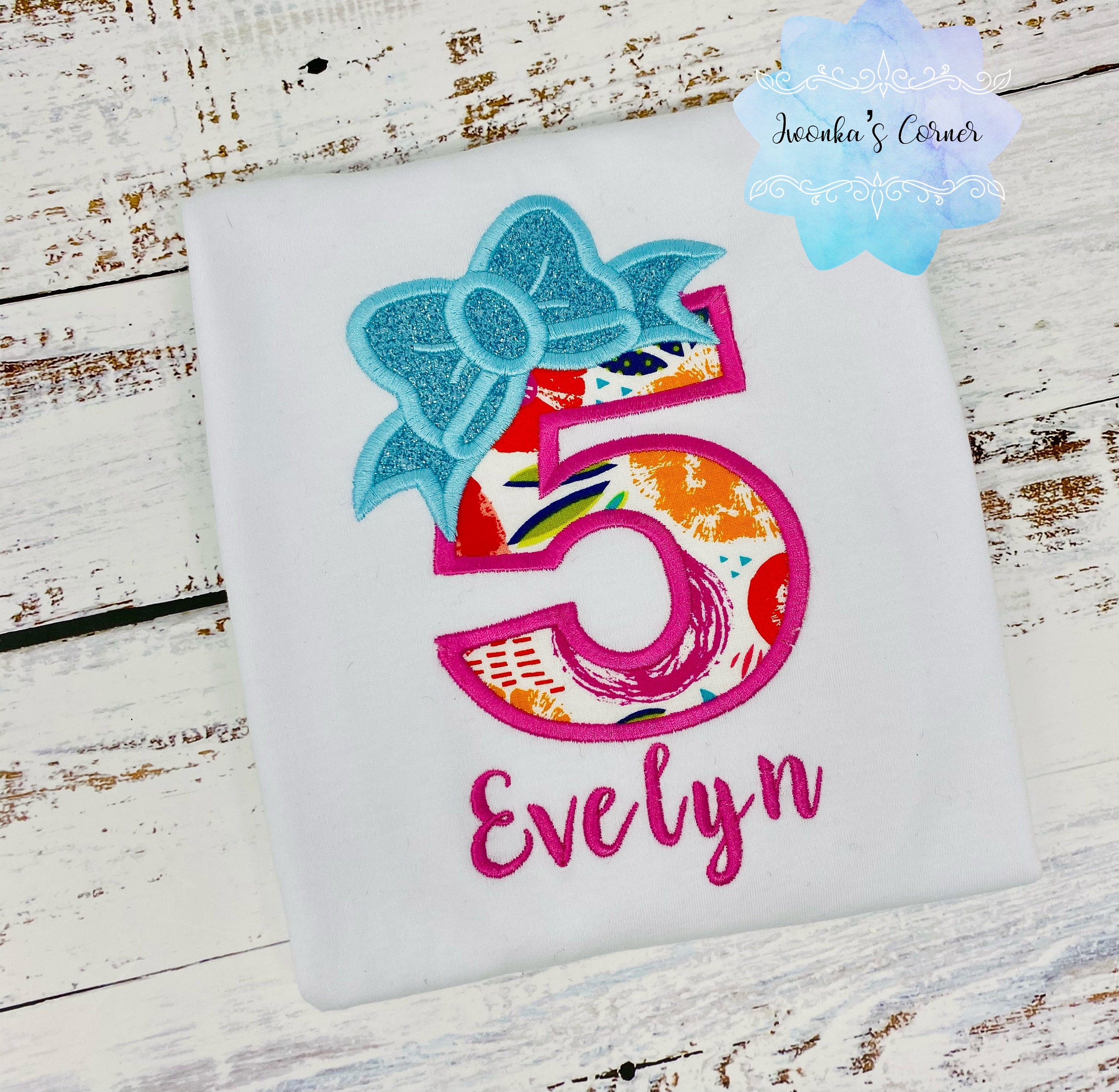 Girl personalized shirt with floral number and bow, Teal bow number, 5th birthday girl shirt, Flower embroidered shirt