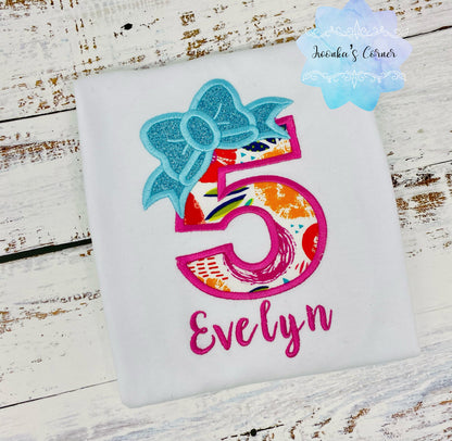 Girl personalized shirt with floral number and bow, Teal bow number, 5th birthday girl shirt, Flower embroidered shirt