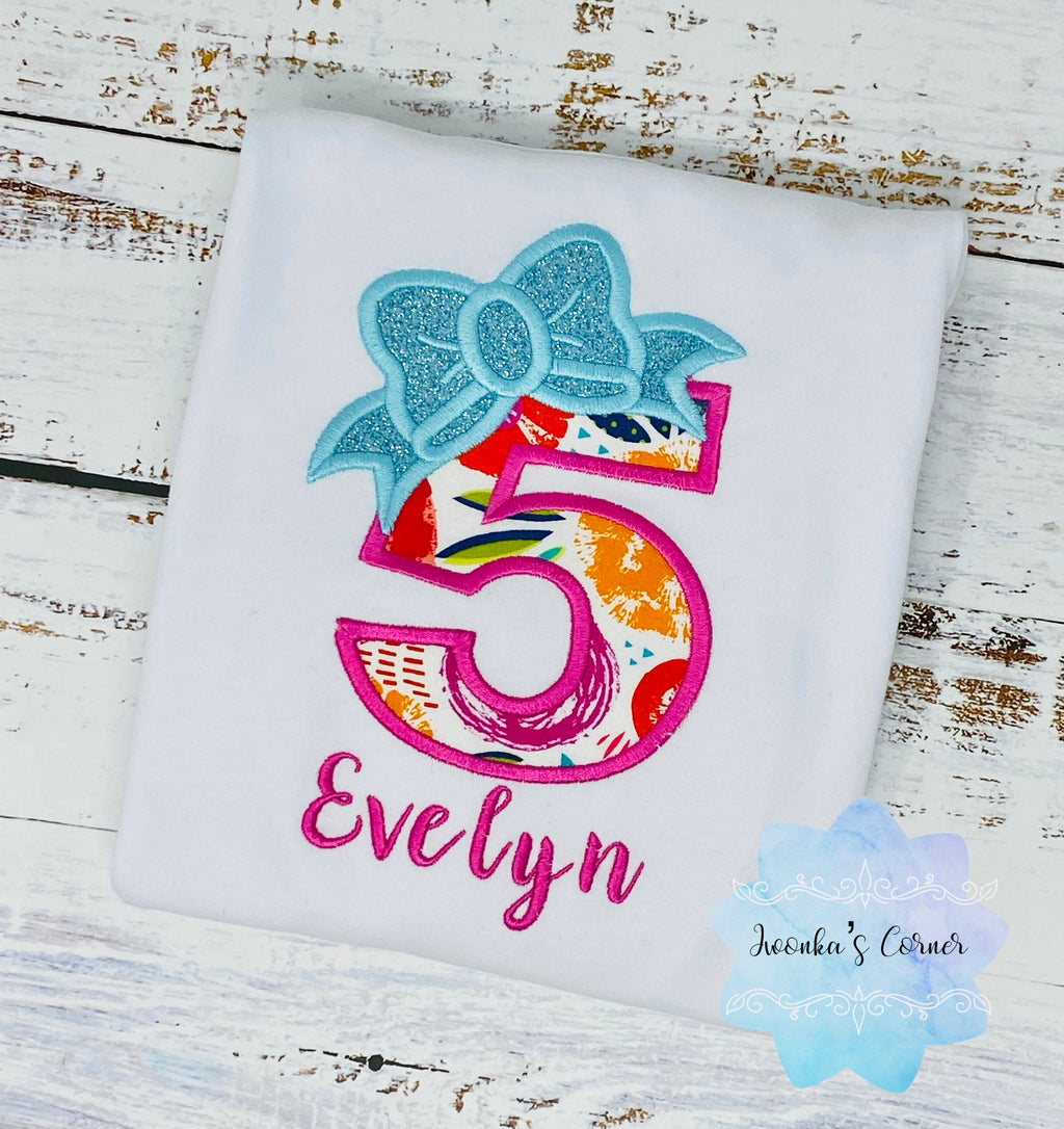 Girl personalized shirt with floral number and bow, Teal bow number, 5th birthday girl shirt, Flower embroidered shirt
