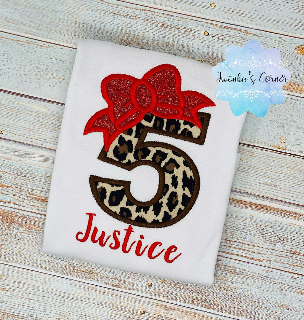 Girl birthday shirt with cheetah number and red bow, 5th birthday outfit, Personalized shirt, 1st, 2nd, 3rd, 4th birthday shirt, Leopard tee