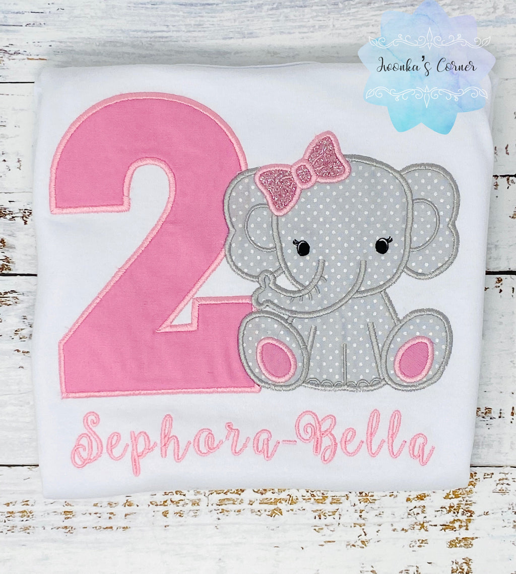 Pink Elephant birthday applique shirt for a girl, Pink bow elephant