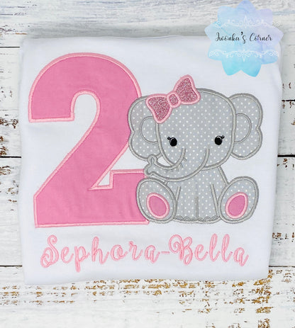 Pink Elephant birthday applique shirt for a girl, Pink bow elephant