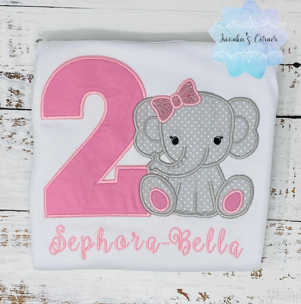 Pink Elephant birthday applique shirt for a girl, Pink bow elephant