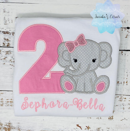 Pink Elephant birthday applique shirt for a girl, Pink bow elephant