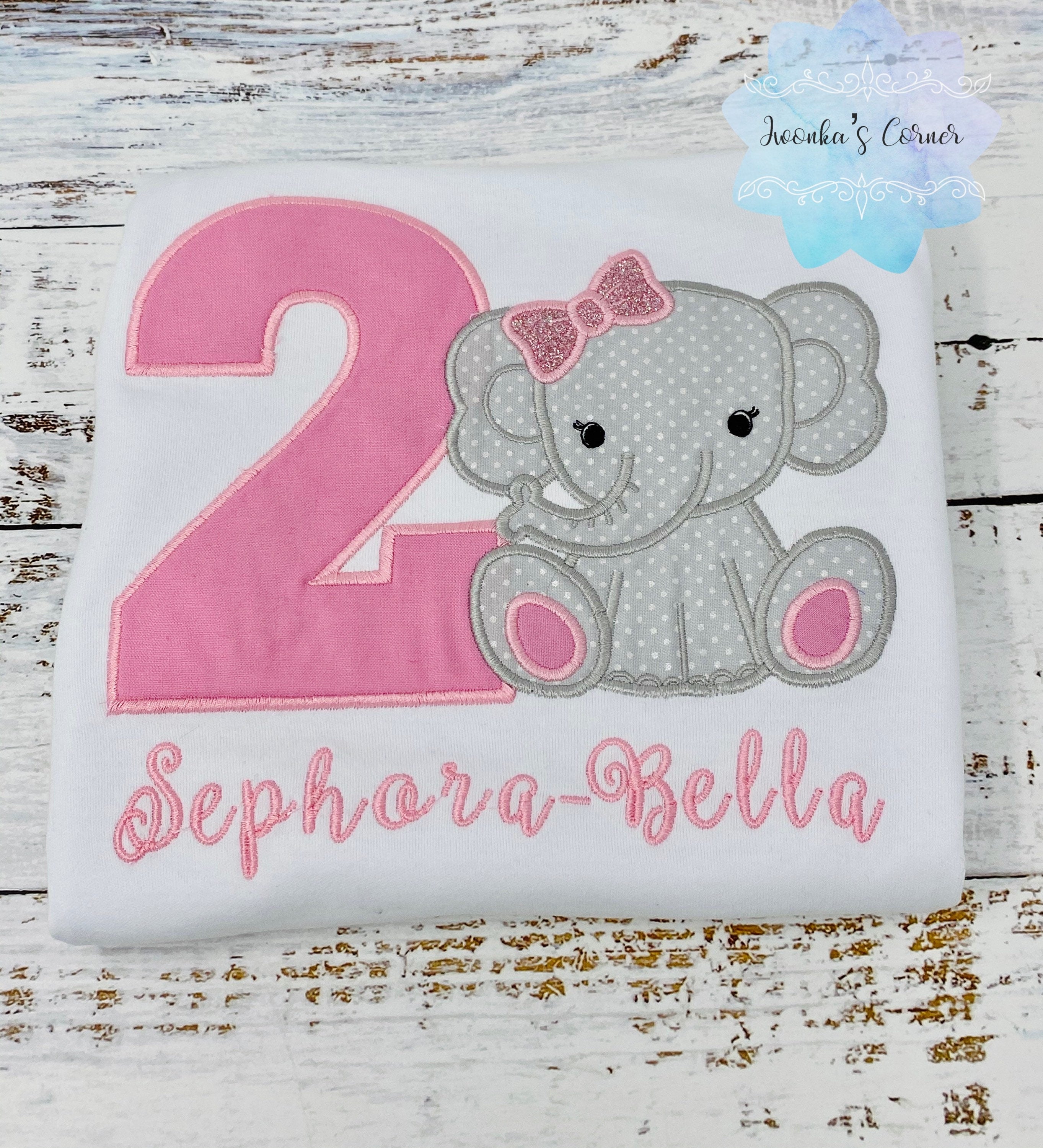 Pink Elephant birthday applique shirt for a girl, Pink bow elephant