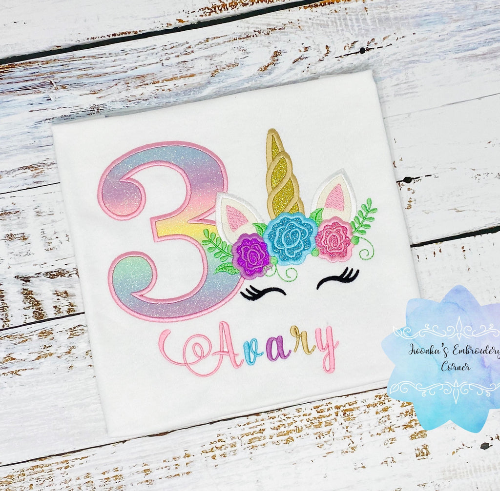 Girls birthday t-shirt with rainbow unicorn, Unicorn shirt for girls, Flower unicorn shirt, 3rd birthday unicorn t-shirt