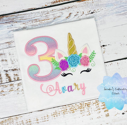 Girls birthday t-shirt with rainbow unicorn, Unicorn shirt for girls, Flower unicorn shirt, 3rd birthday unicorn t-shirt
