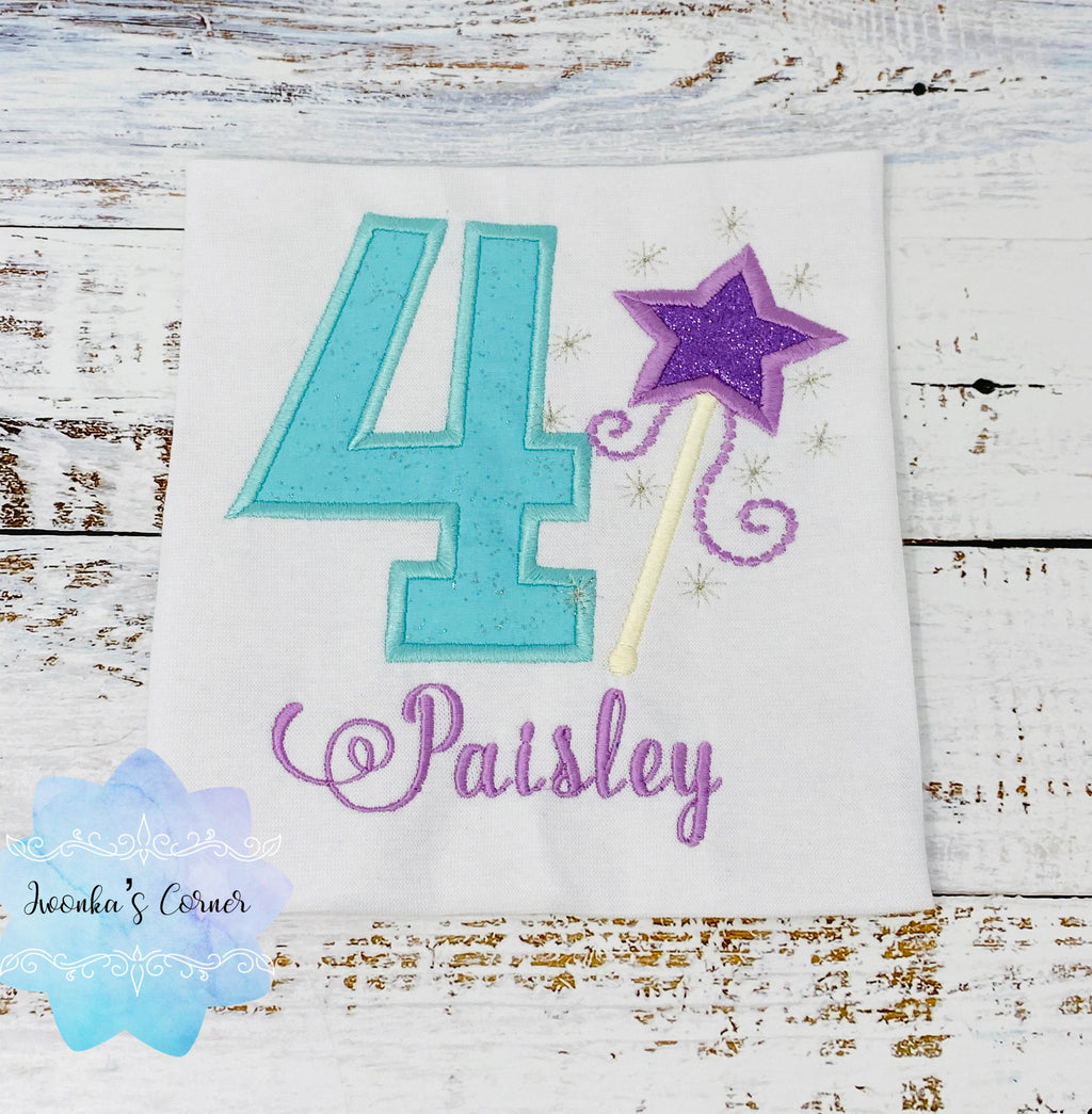 Girl birthday shirt with purple magic wand, 4th birthday shirt with magic wand