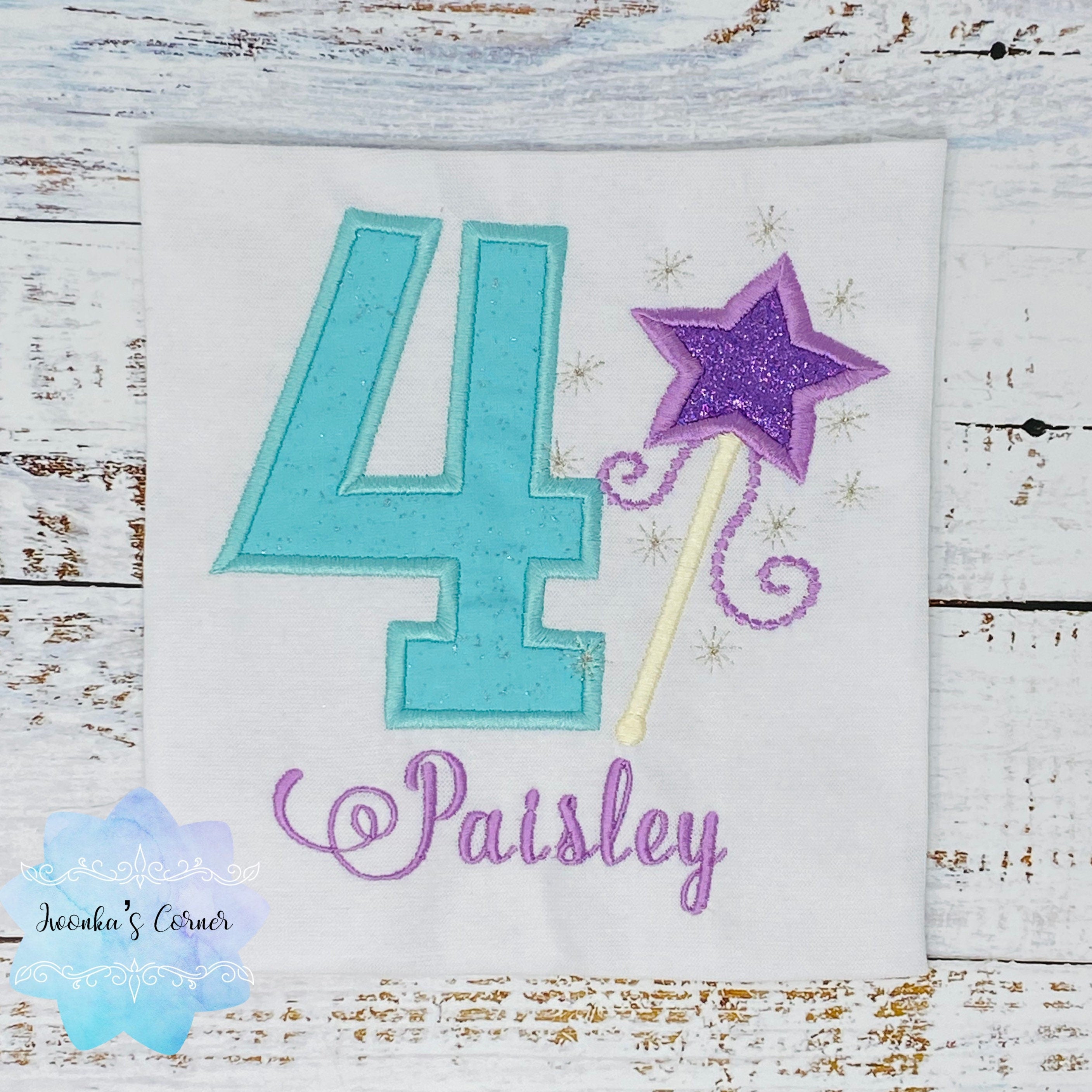 Girl birthday shirt with purple magic wand, 4th birthday shirt with magic wand