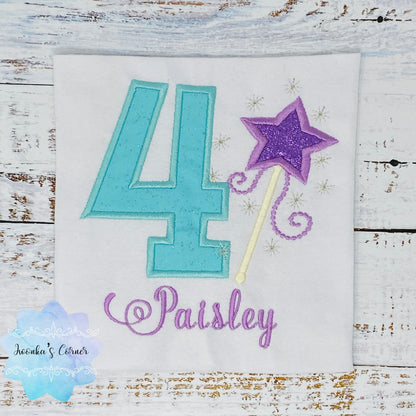 Girl birthday shirt with purple magic wand, 4th birthday shirt with magic wand