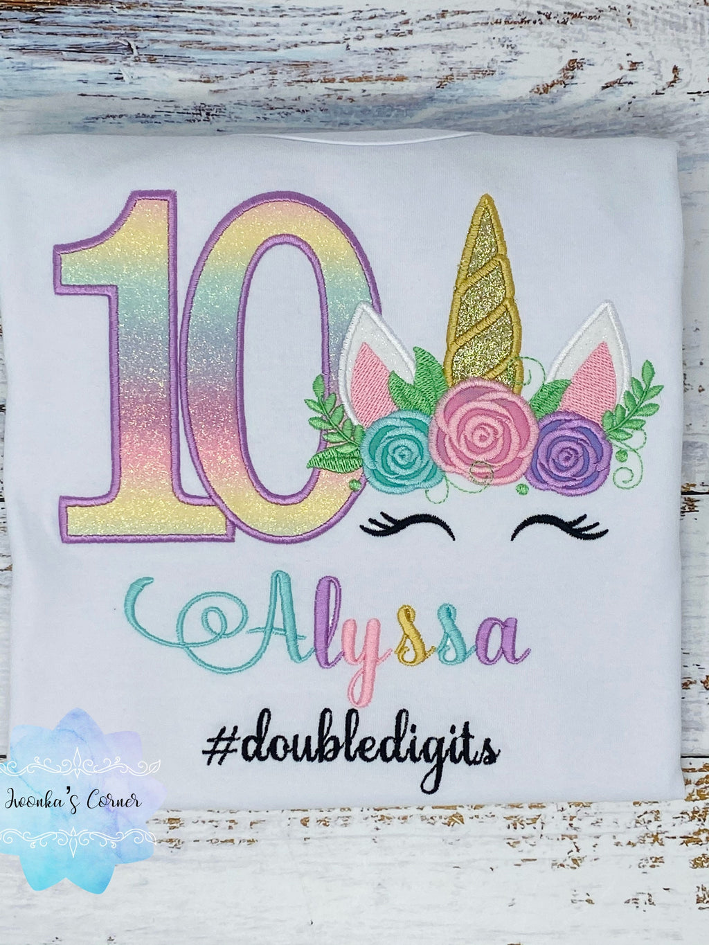 Girl embroidered birthday shirt with rainbow unicorn, 10th birthday shirt, Flower, Unicorn outfit,