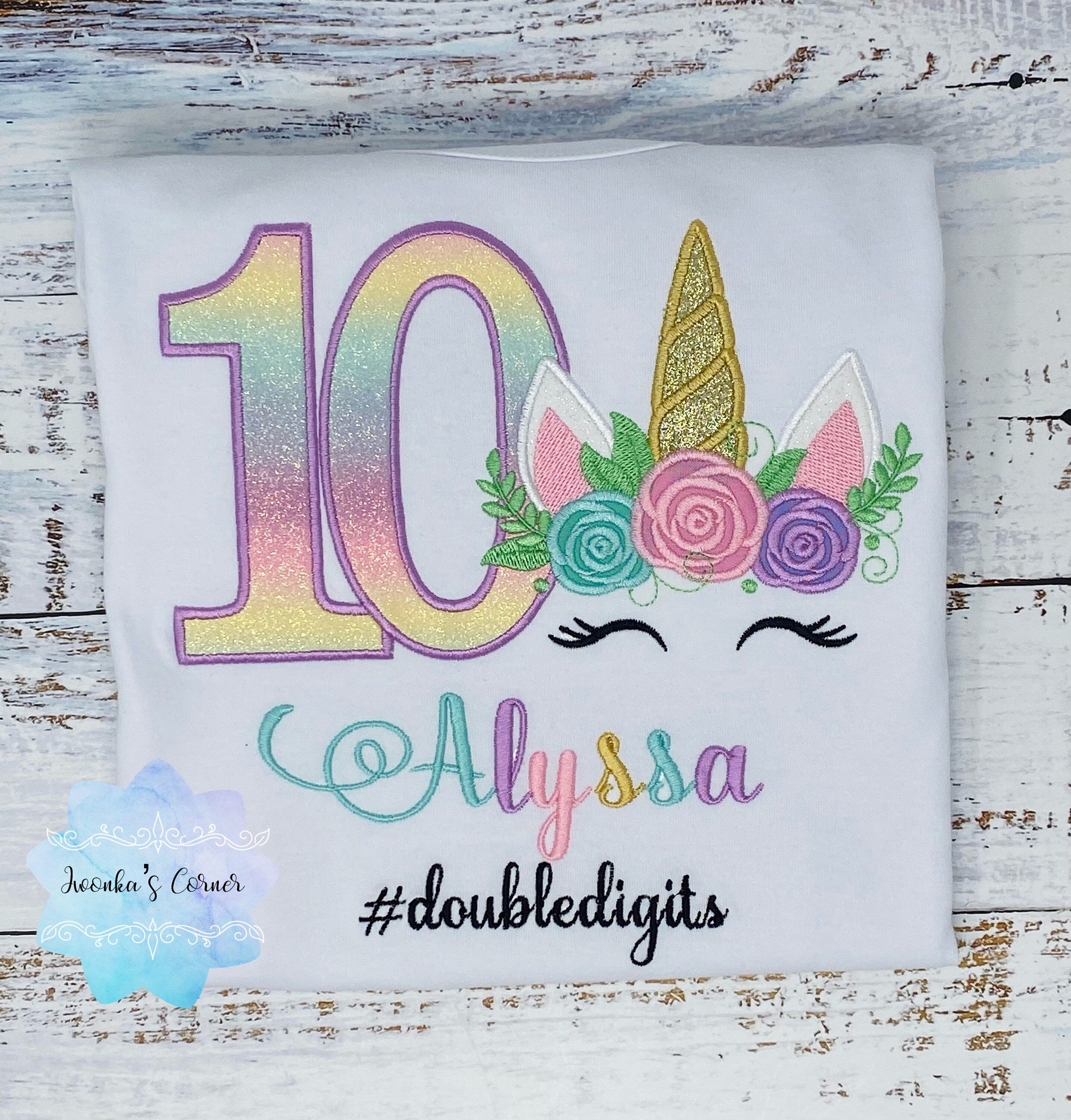Girl embroidered birthday shirt with rainbow unicorn, 10th birthday shirt, Flower, Unicorn outfit,